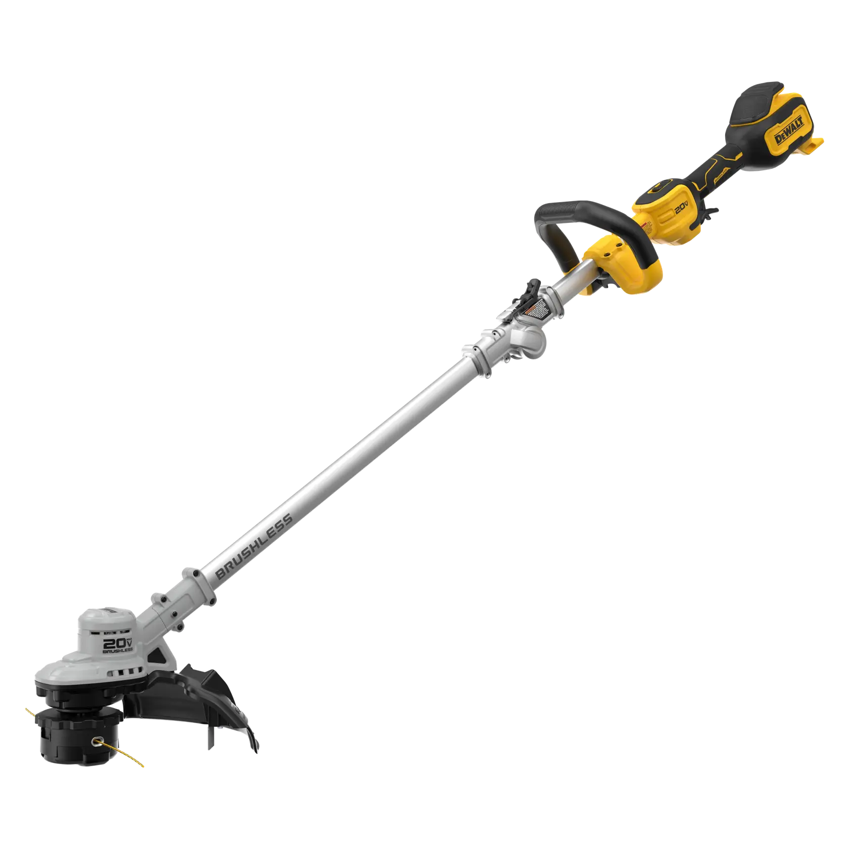 A DEWALT cordless brushless string trimmer with a yellow and black handle and silver shaft, shown against a white background.