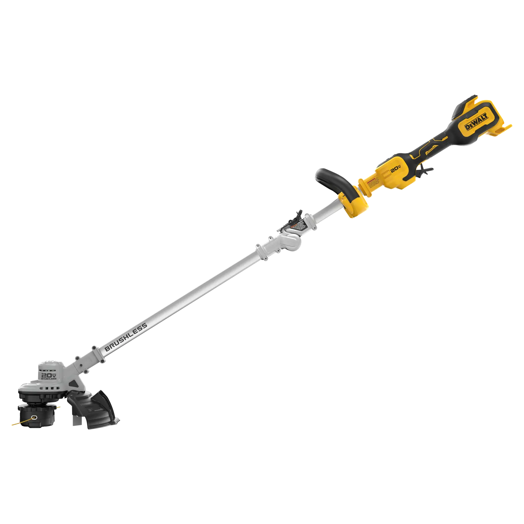 A DEWALT 20V MAX brushless cordless string trimmer with a yellow and black handle and a silver shaft, designed for outdoor lawn care.