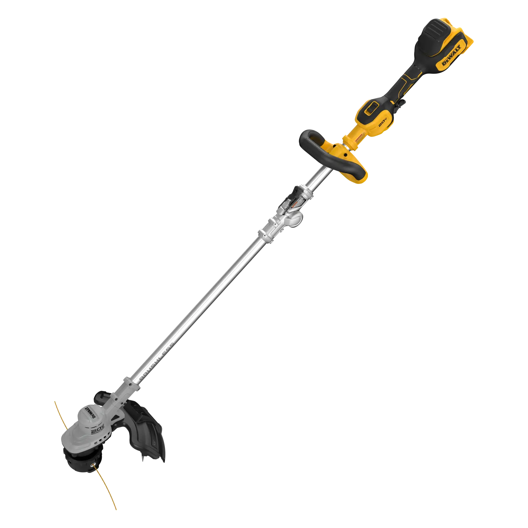 A DEWALT cordless string trimmer with a yellow and black handle, long silver shaft, and a black trimmer head. The tool is designed for outdoor lawn and garden maintenance.