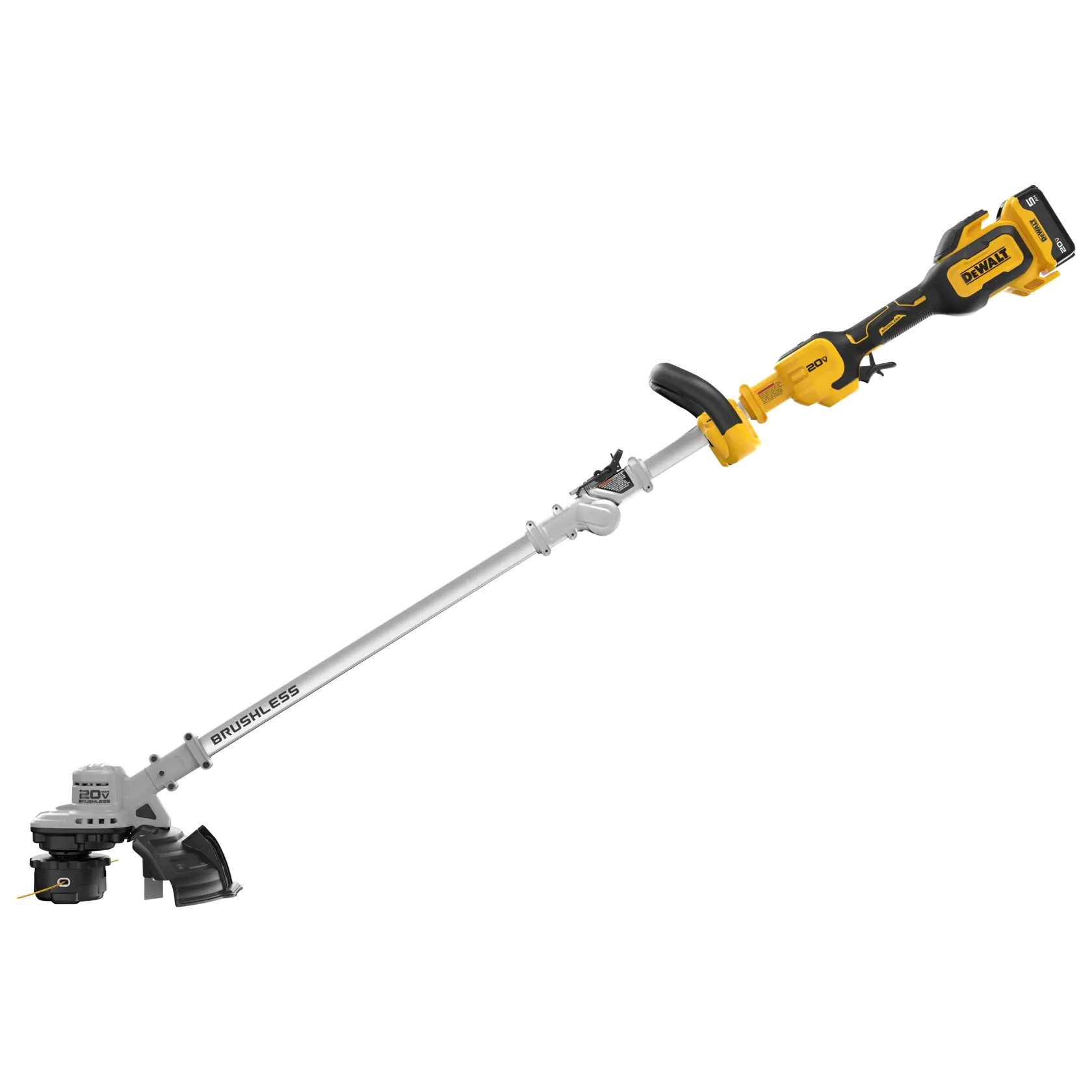 A DEWALT cordless string trimmer with a yellow and black handle, detachable battery, and long silver shaft. The head has a protective guard and dual cutting line.