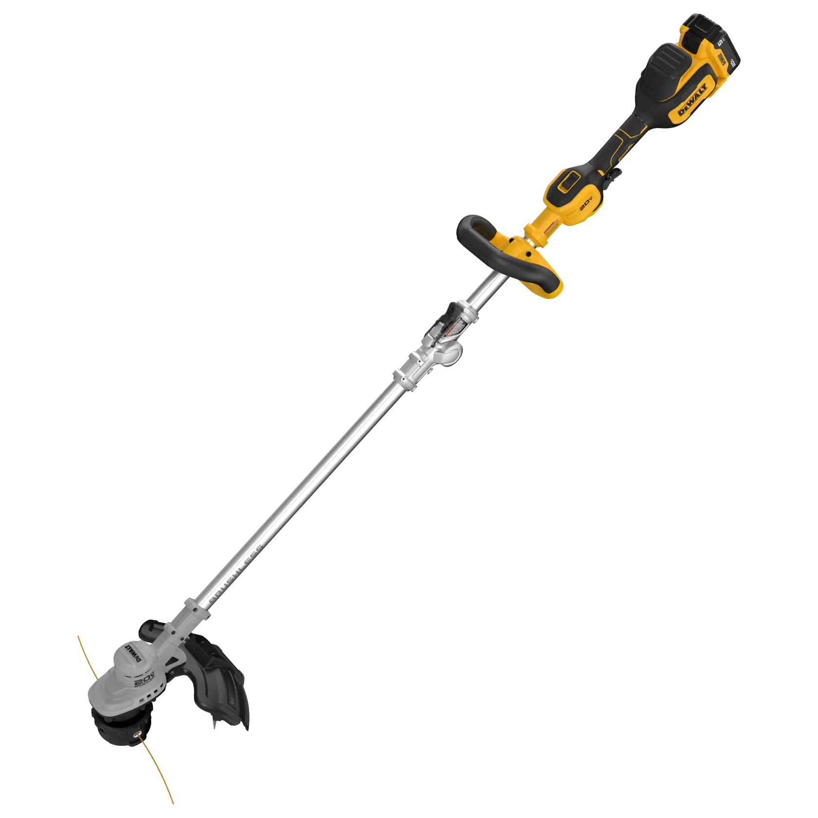A DEWALT cordless string trimmer with a yellow and black handle, silver shaft, and protective guard near the cutting head. The trimmer is designed for lawn and garden maintenance.