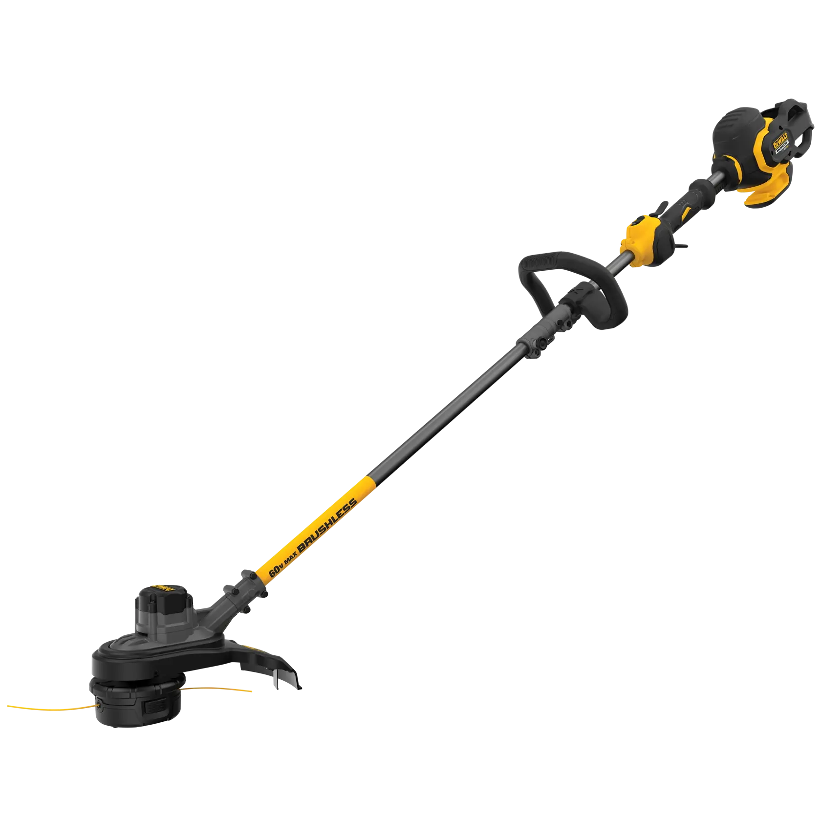 A DEWALT cordless brushless string trimmer with a yellow and black design, featuring a long shaft, ergonomic handle, and a motorized head for cutting grass or trimming edges.
