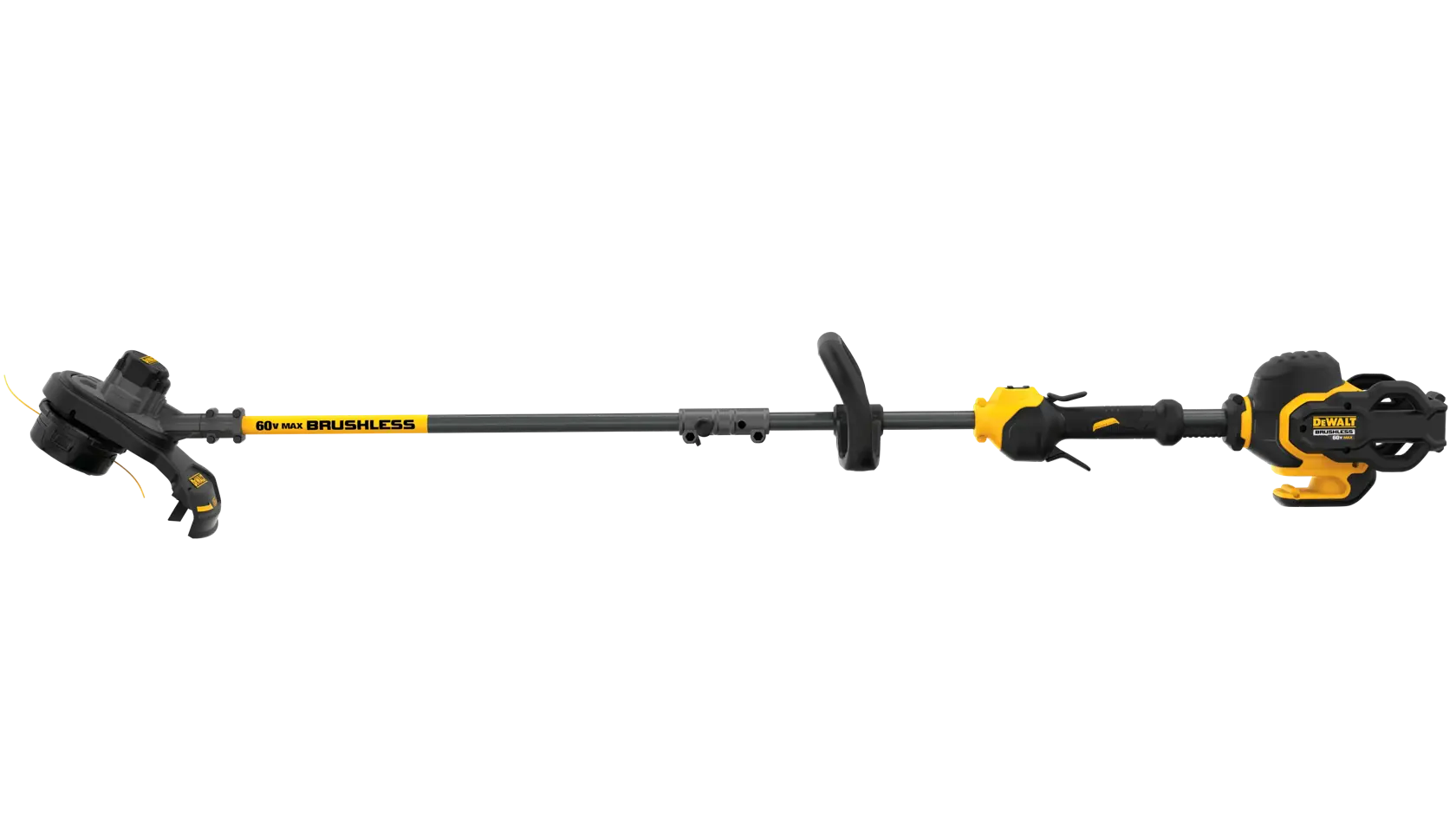 A DEWALT cordless string trimmer with a brushless motor and a 60V MAX rating, featuring a yellow and black design and a straight shaft.