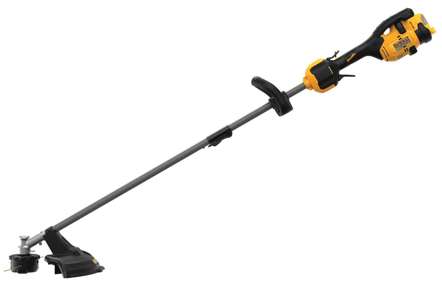 A yellow and black cordless string trimmer with a long shaft, ergonomic handle, and cutting head designed for trimming grass and weeds.