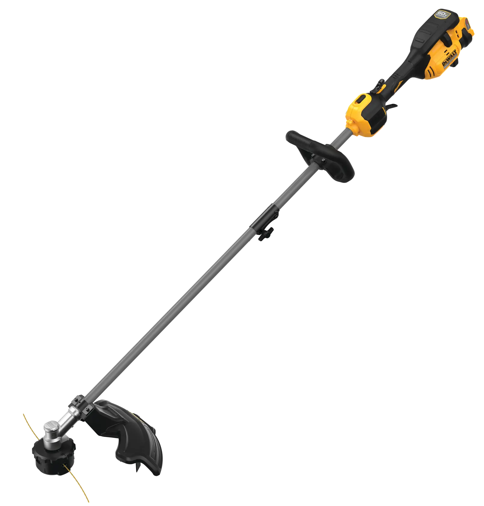 A DEWALT cordless string trimmer with a yellow and black handle and a long silver shaft, designed for cutting grass and edging lawns.