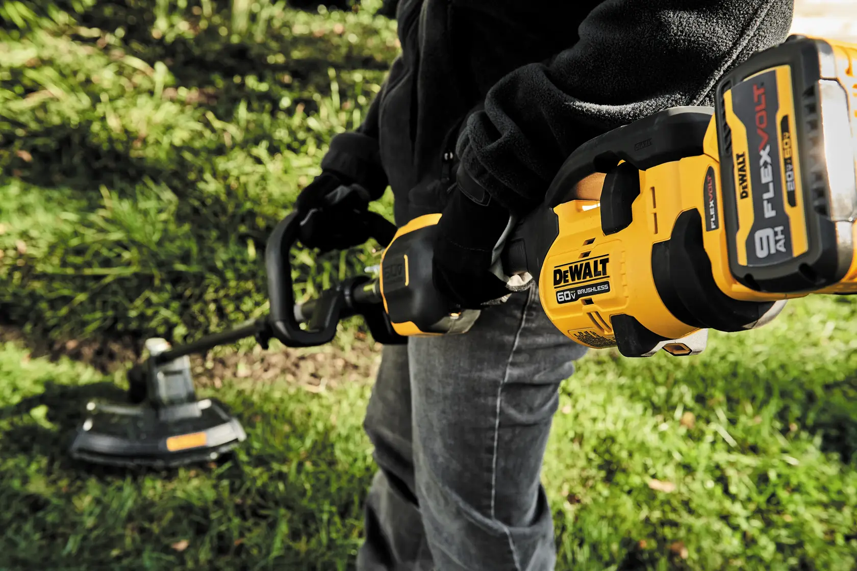 Close view of DEWALT 60V brushless tool with text about optimizing power or runtime using 2-speed variable trigger.