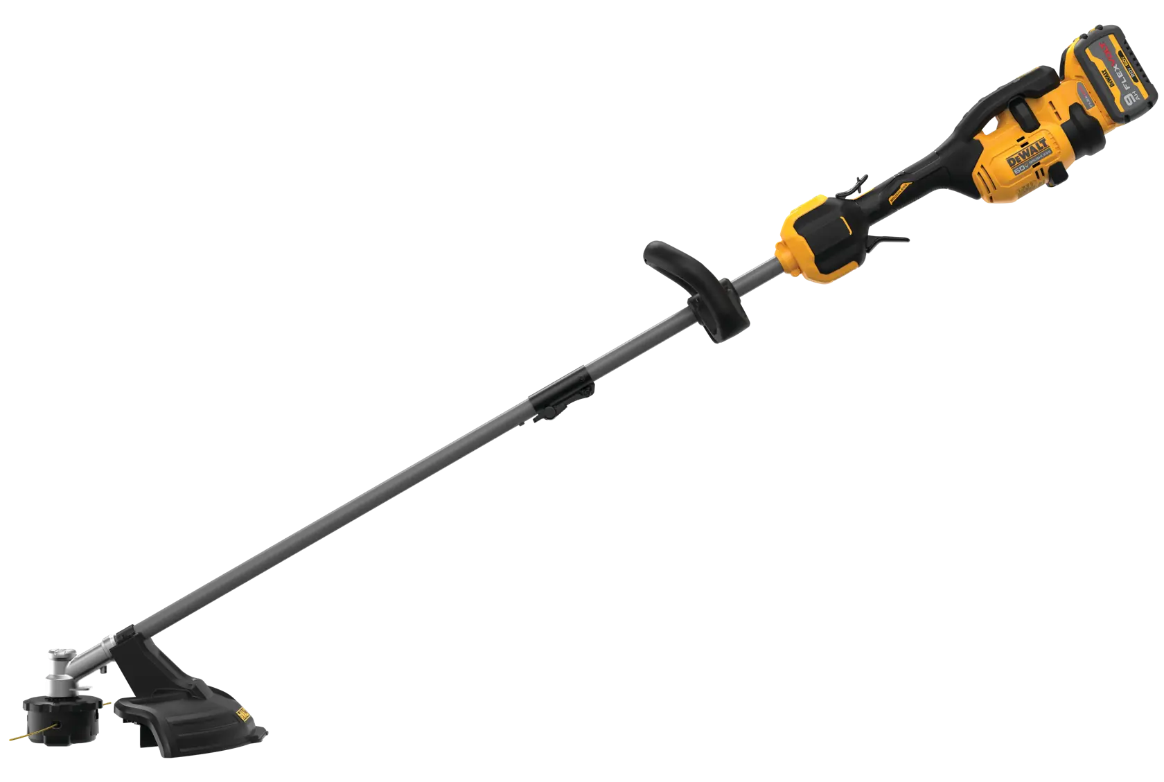A DEWALT cordless string trimmer with a yellow and black handle, battery pack, and a long shaft, photographed on a white background.