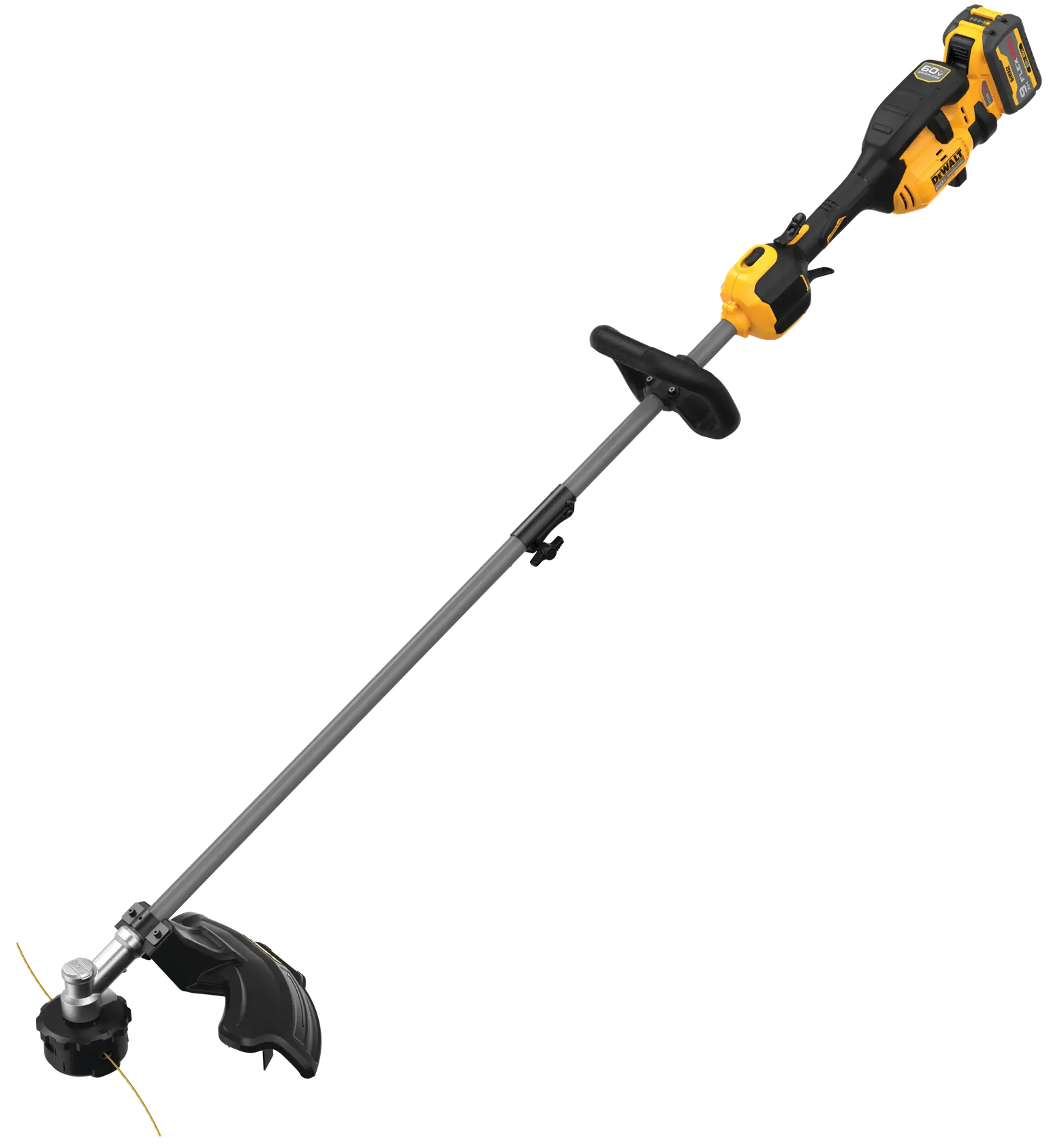 A cordless electric string trimmer with a yellow and black handle, featuring a battery pack attached to the top. The trimmer has a long metal shaft, a black protective guard near the cutting head, and a dual-line string for trimming grass and weeds.