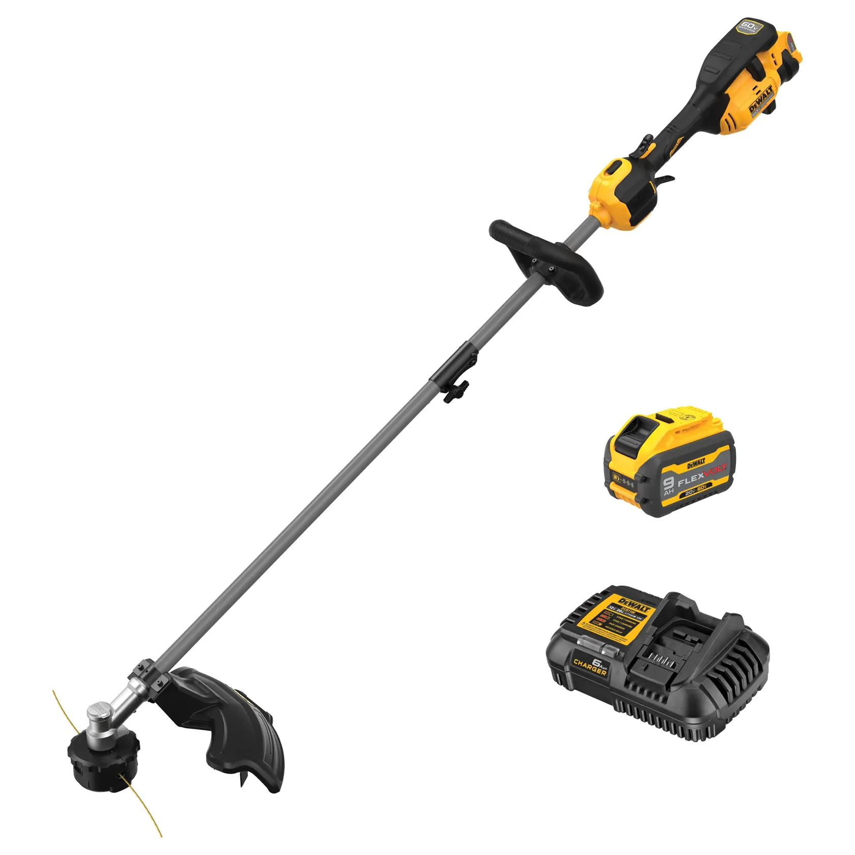 A DEWALT cordless string trimmer with a yellow and black handle, accompanied by a battery pack and charger.