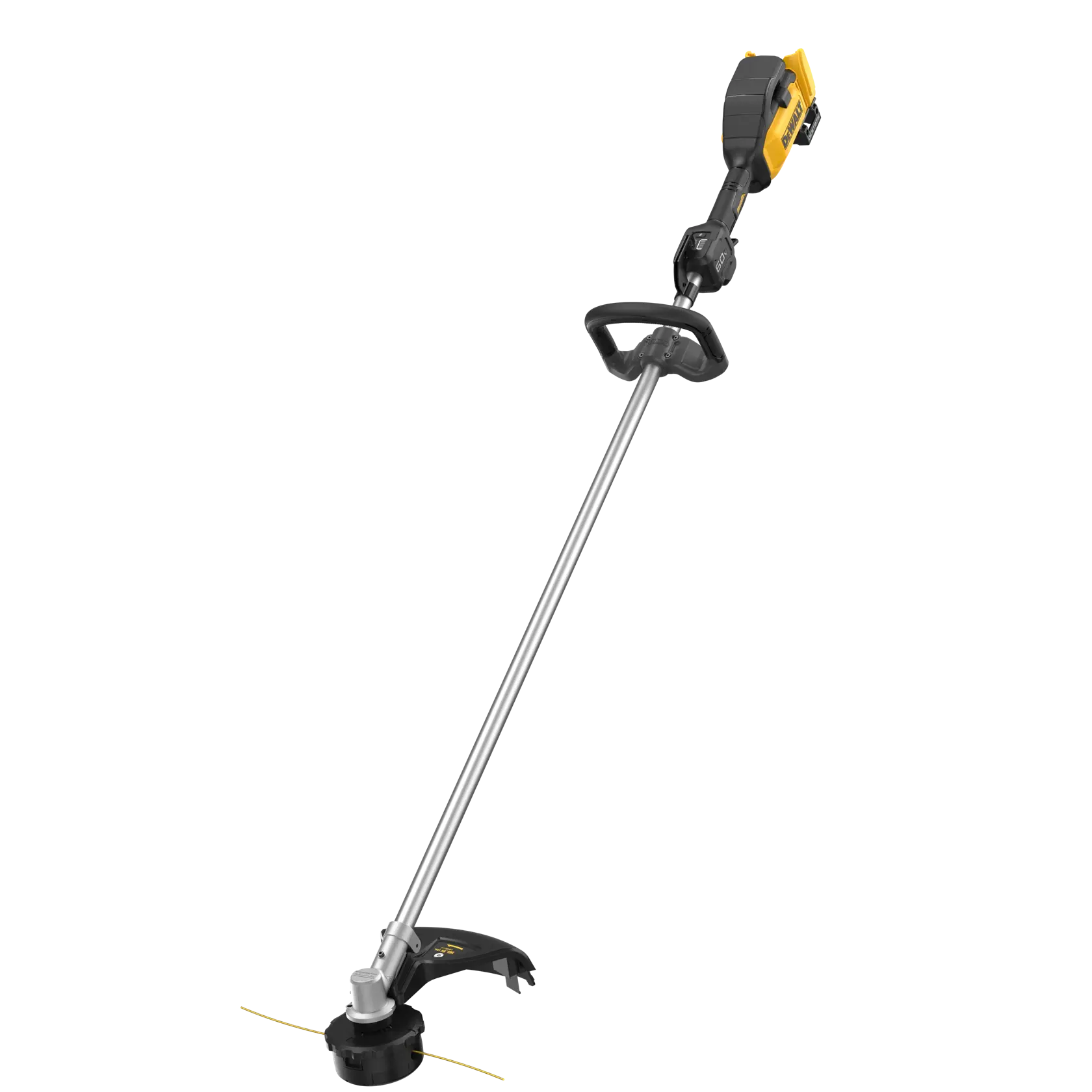 A DEWALT cordless string trimmer with a long silver shaft, black and yellow motor housing, and black handle, shown on a white background.