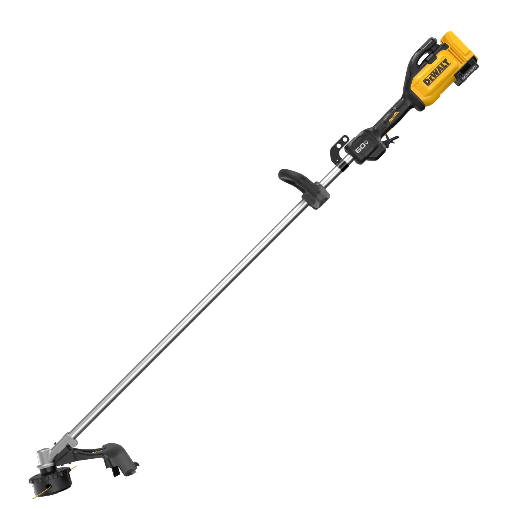 A DEWALT 60V cordless string trimmer with a yellow and black motor housing, metal shaft, and black handle, used for cutting grass and trimming lawns.