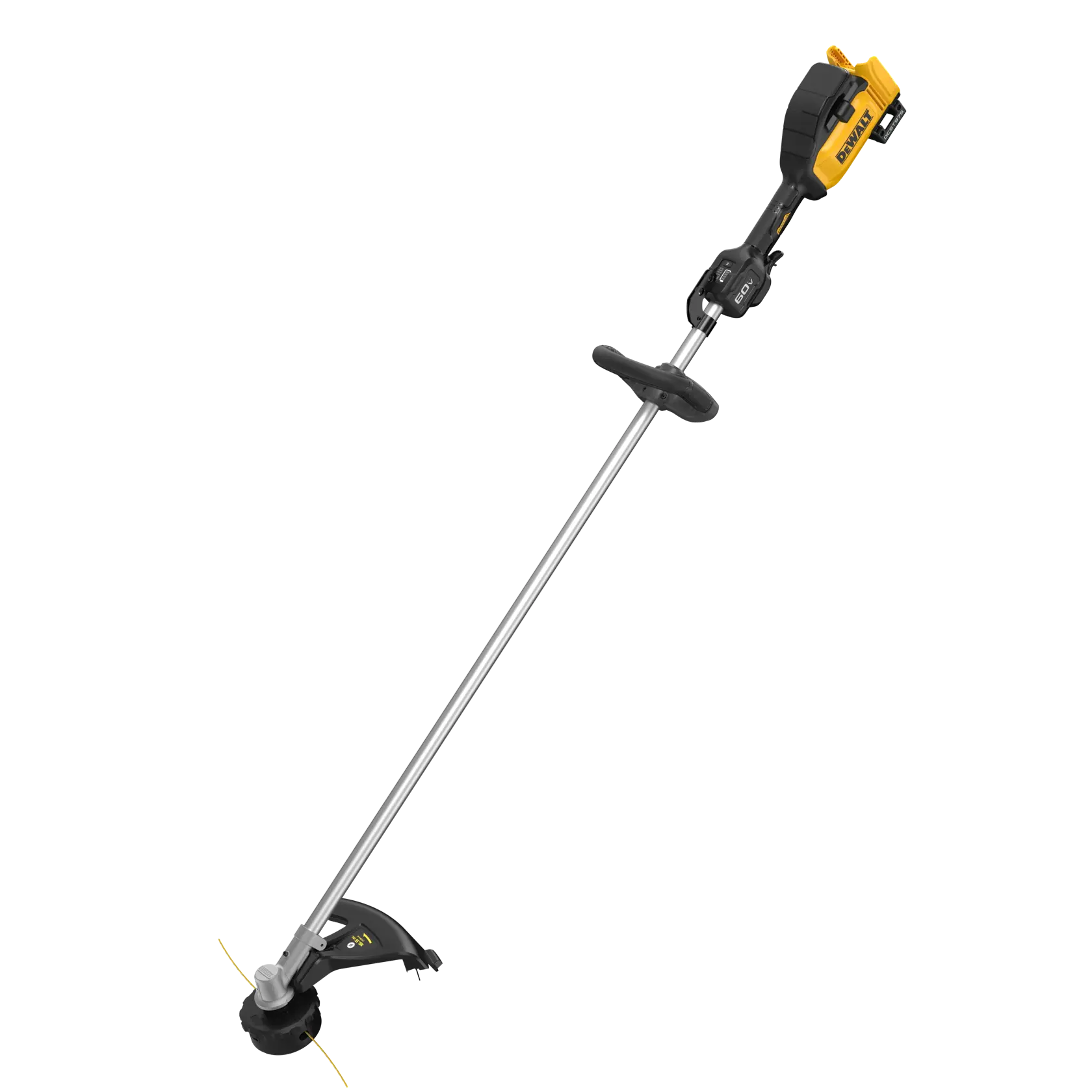 A DEWALT cordless string trimmer with a yellow and black motor housing, long straight metal shaft, and black handle, designed for outdoor landscaping.
