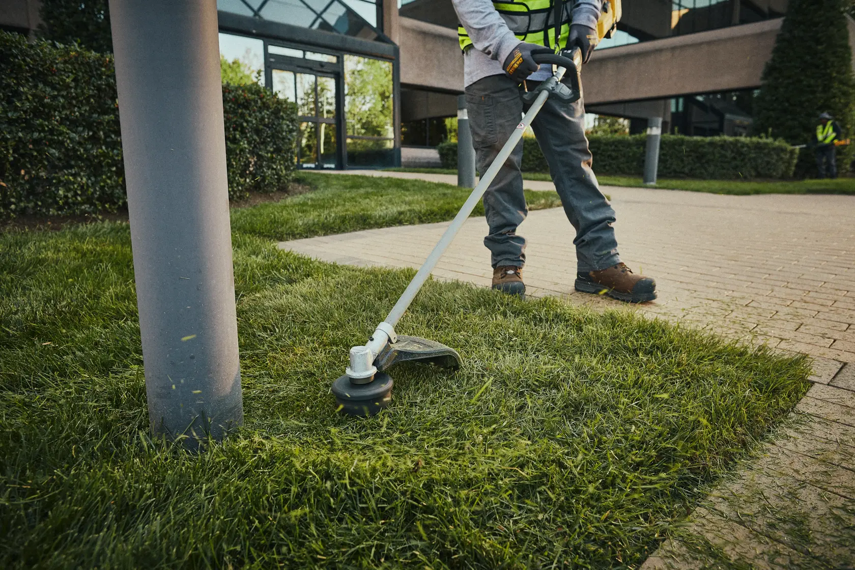 A person using a DEWALT string trimmer to edge grass along a sidewalk in a landscaped outdoor area, wearing gloves and work boots.