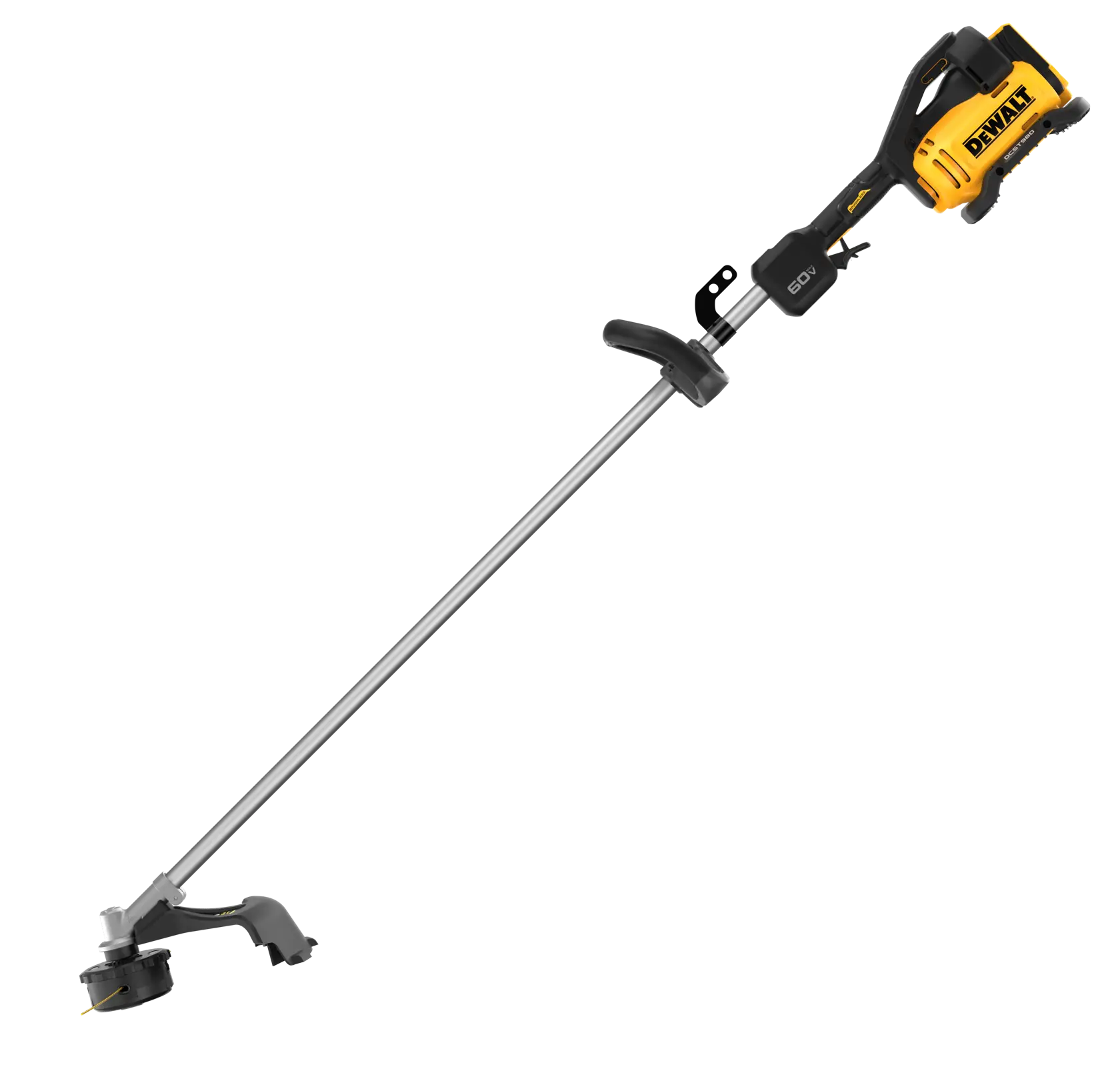 A DEWALT cordless string trimmer with a yellow and black motor housing, a long silver shaft, and a black trimming head at the end.