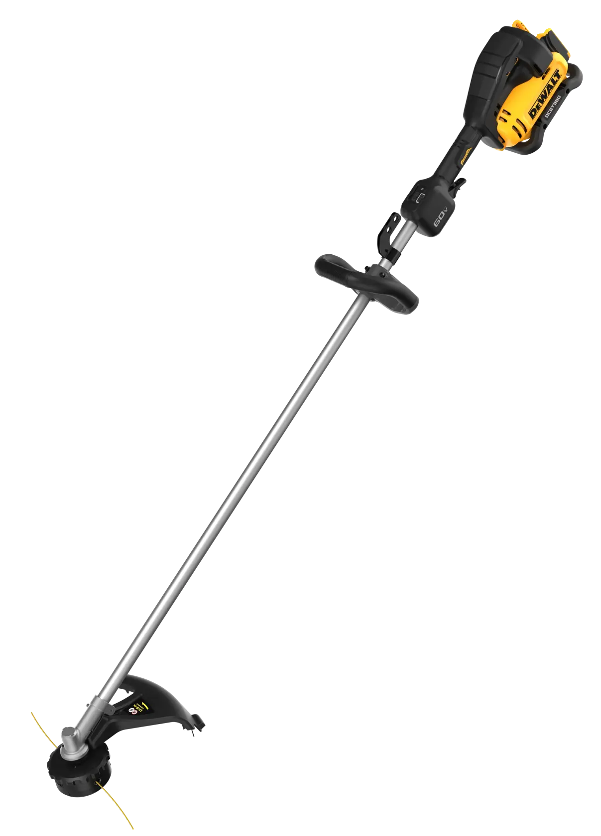 A DEWALT cordless string trimmer with a yellow and black motor housing, silver shaft, and black handle, designed for cutting grass and edging lawns.