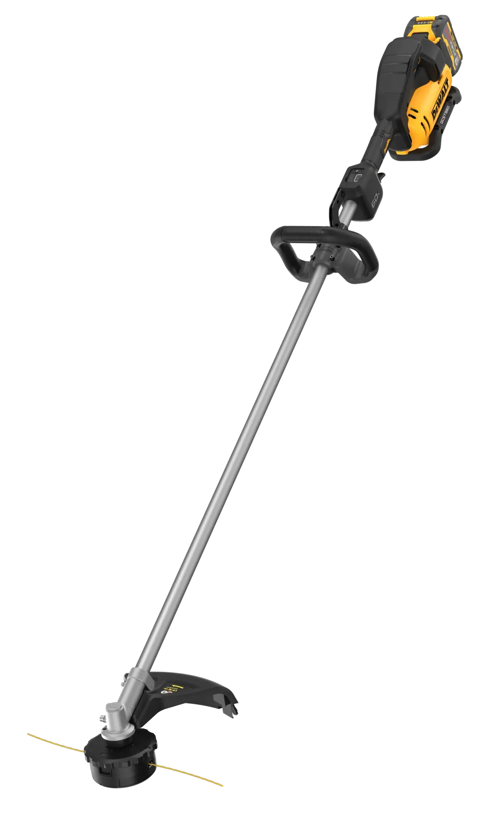 A DEWALT cordless string trimmer with a yellow and black design, featuring a long metal shaft, a handle for grip, and a trimmer head with cutting line.