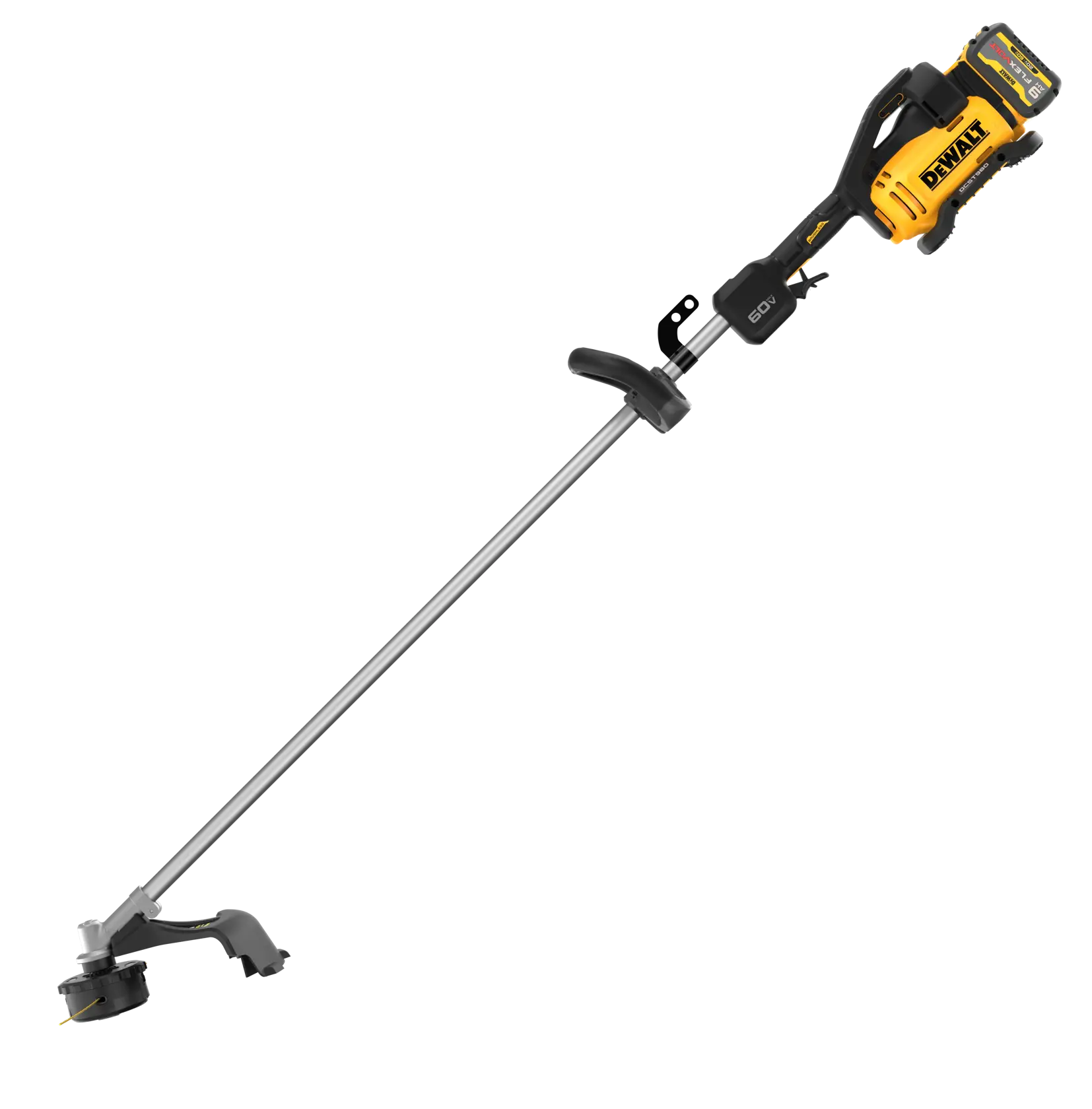 A DEWALT 60V battery-powered string trimmer with a straight shaft and ergonomic handle, featuring yellow and black accents.
