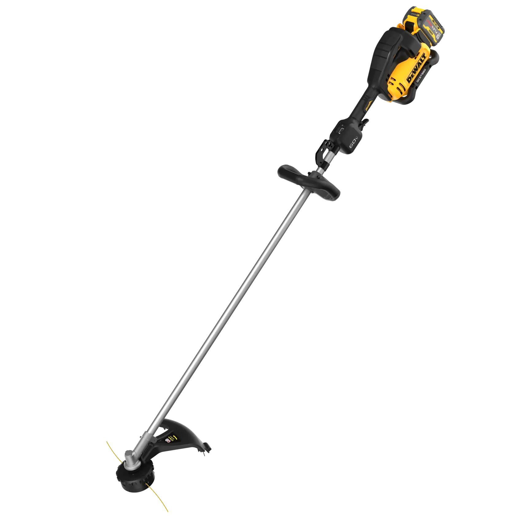 A yellow and black DEWALT cordless string trimmer with a long silver shaft, ergonomic handle, and battery pack attached at the top.