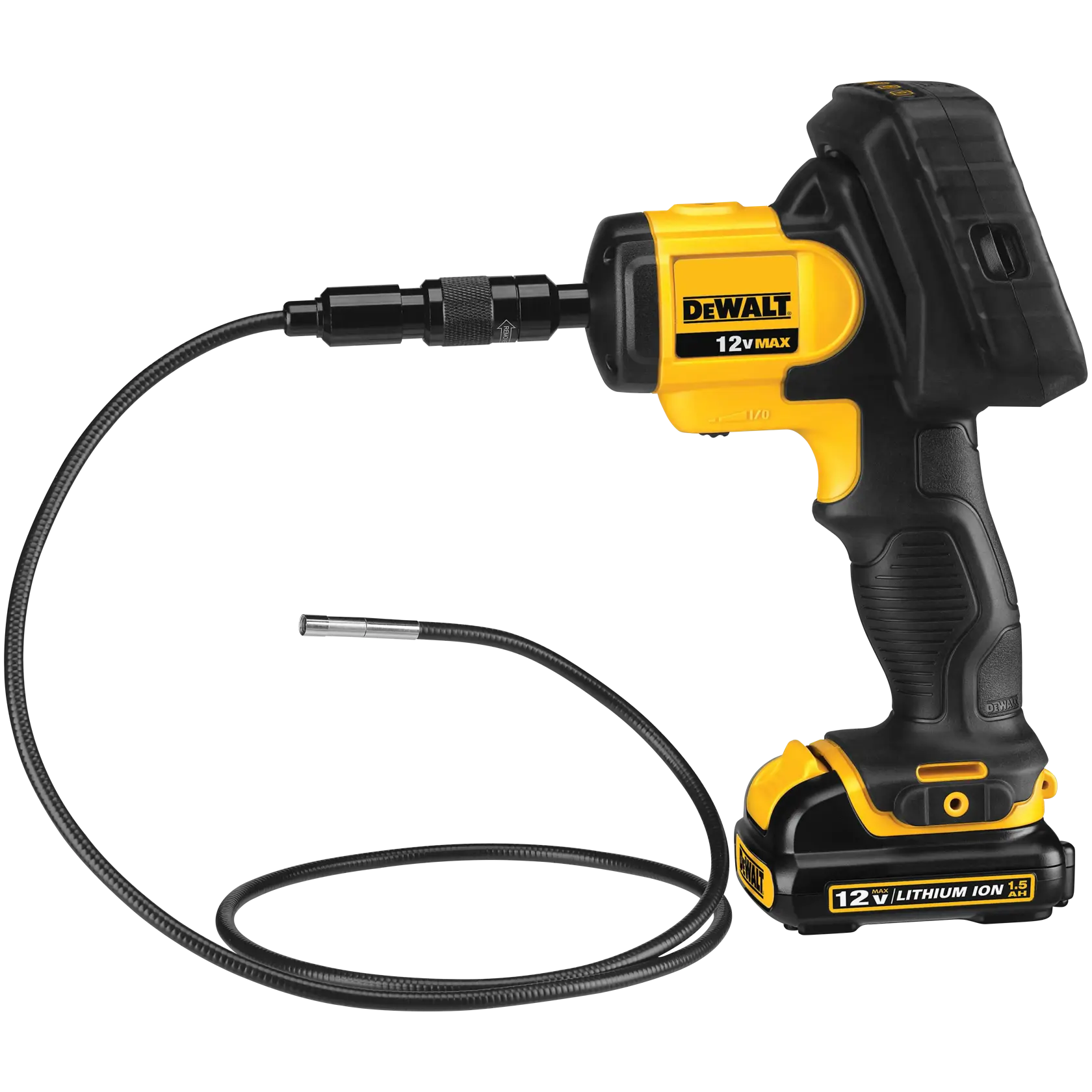 A DEWALT 12V MAX inspection camera with a flexible cable and lithium ion battery, used for visual inspection in hard-to-reach areas.
