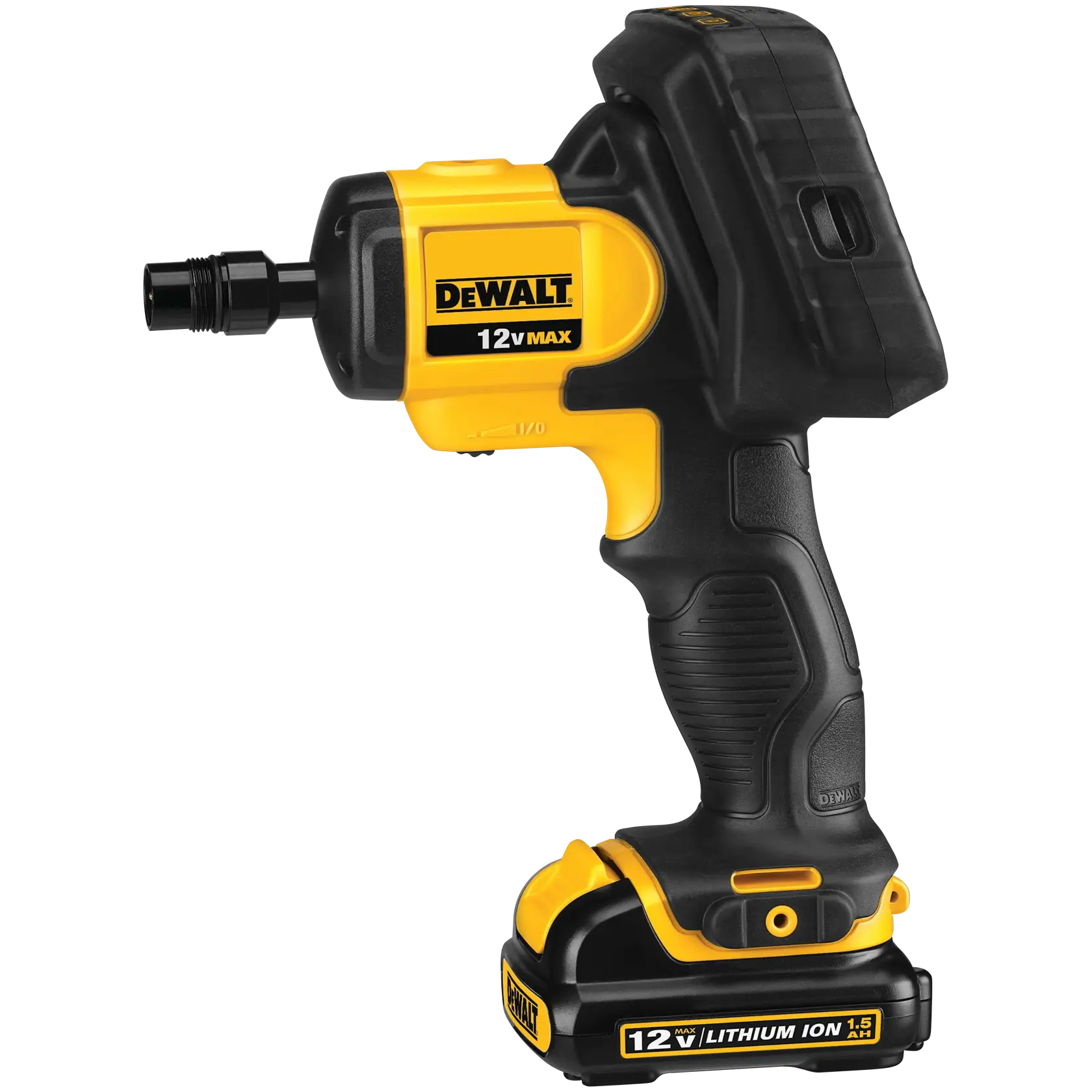 A DEWALT 12V MAX handheld cordless tool with a yellow and black body and lithium-ion battery. The model features the DEWALT logo and is designed for professional use.