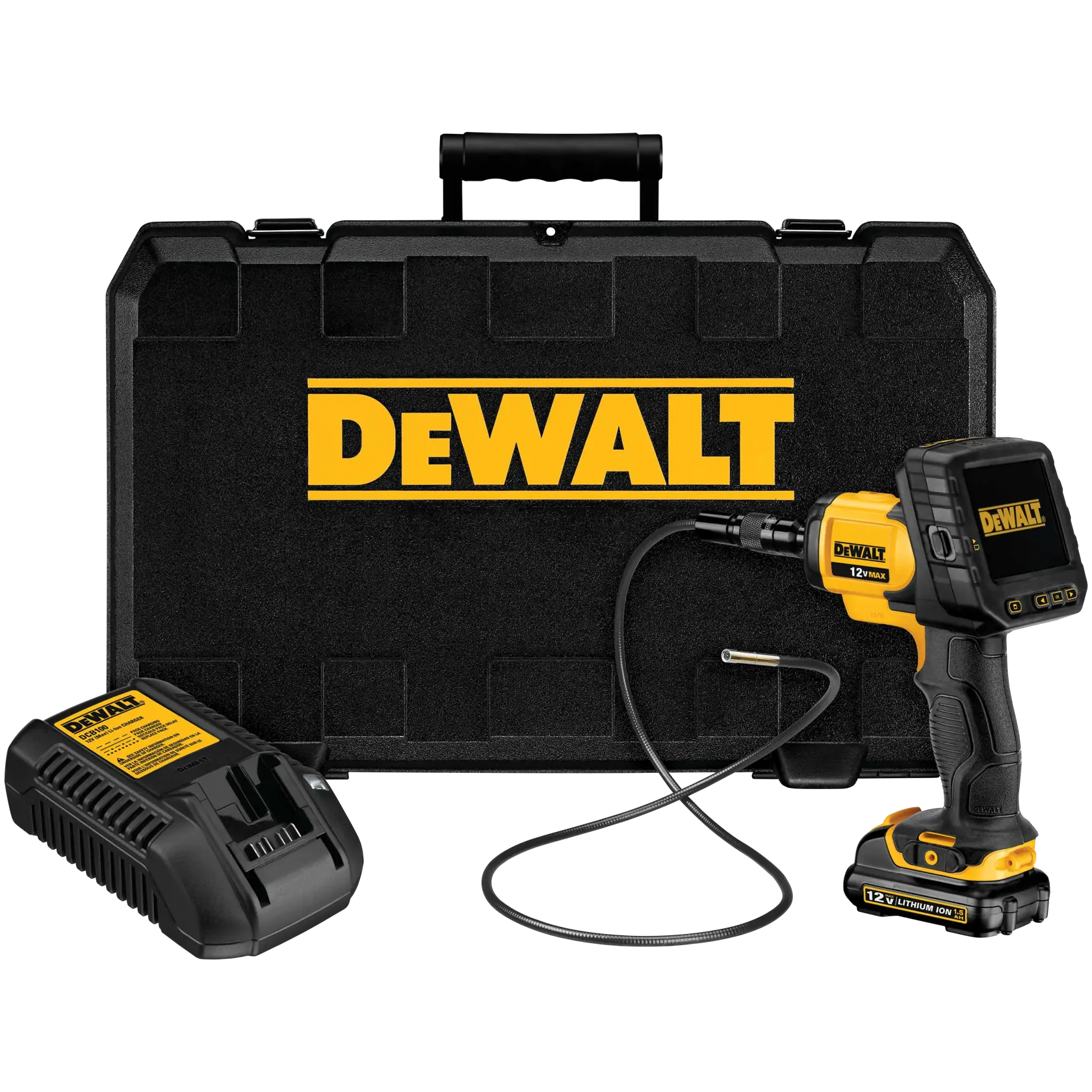 DEWALT inspection camera kit including a handheld digital inspection camera with flexible cable, battery charger, and a hard carrying case.