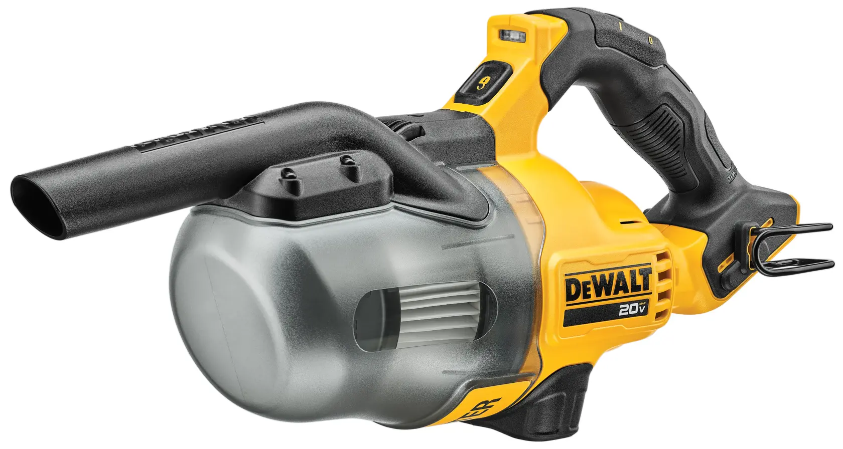 A yellow and black DEWALT 20V handheld vacuum cleaner with a transparent dust container and ergonomic grip.