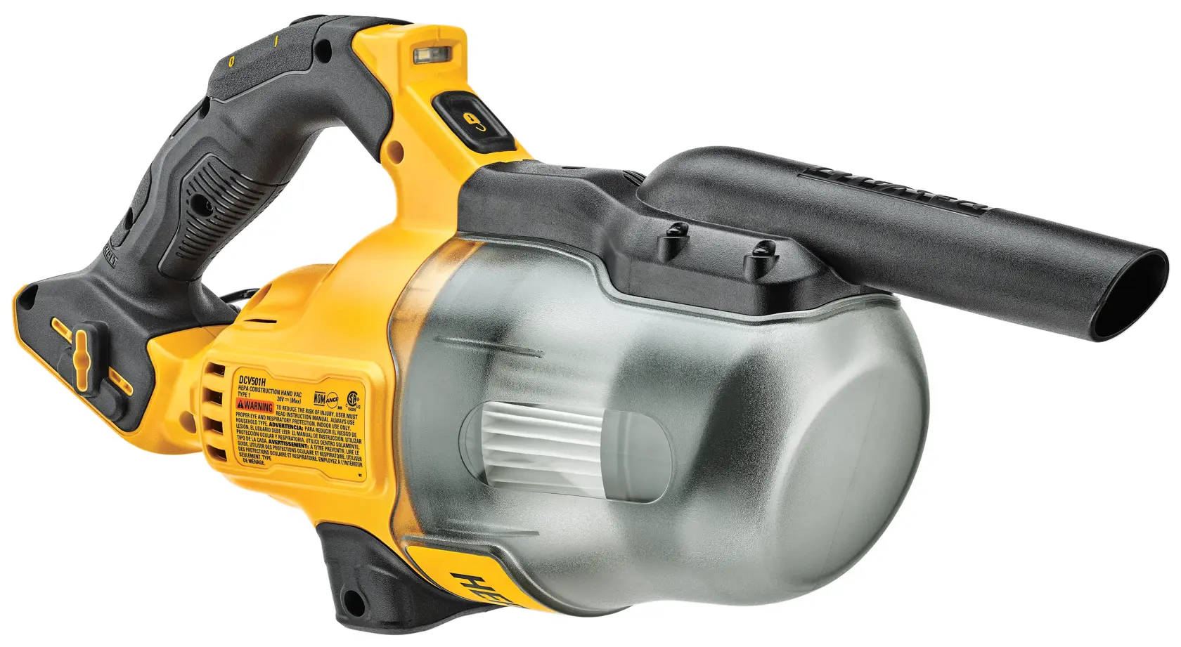A cordless portable vacuum cleaner with a yellow and black design, featuring a transparent dust container and a long nozzle. The product is branded DEWALT.