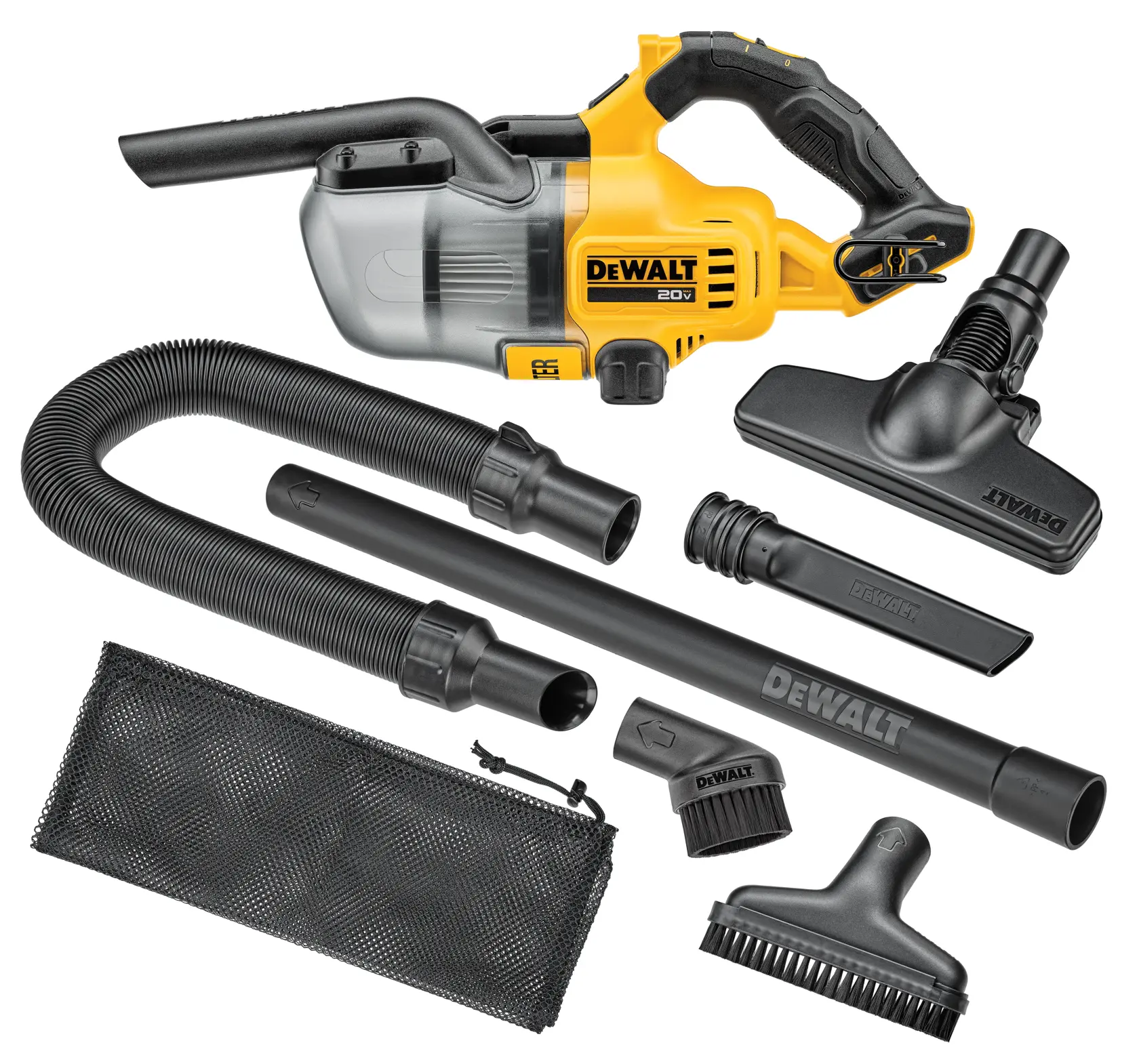 DEWALT 20V cordless handheld vacuum cleaner with various attachments and accessories, including extension wands, a flexible hose, different vacuum heads, a crevice tool, a brush attachment, and a mesh storage bag, all displayed on a white background.