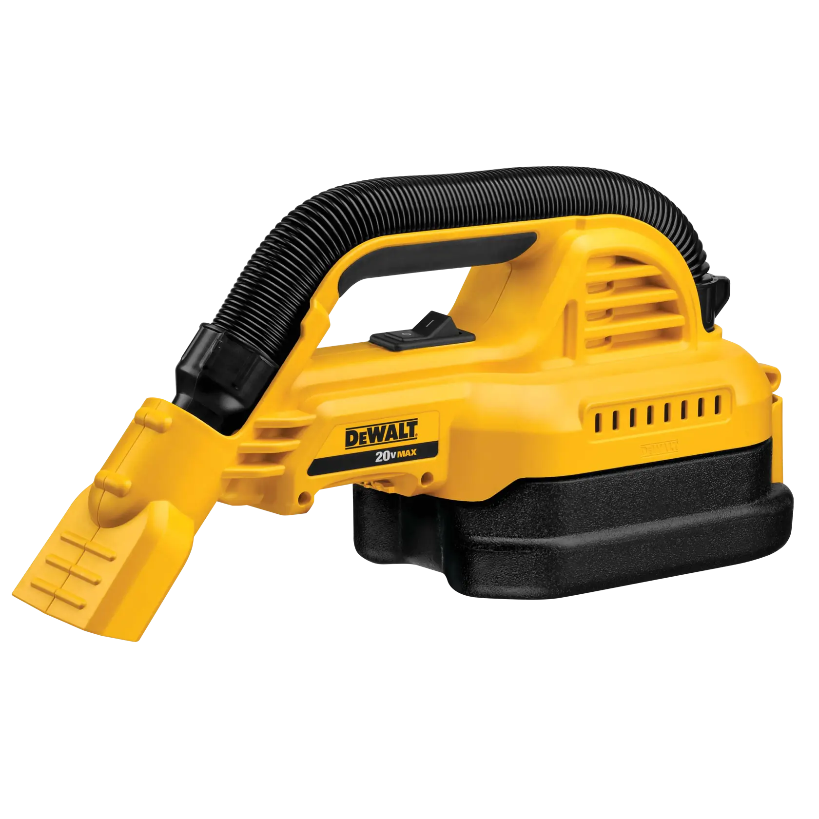 A DEWALT DCV517B portable cordless wet/dry handheld vacuum cleaner in yellow and black, with a flexible hose and ergonomic handle, designed for convenient cleaning tasks.