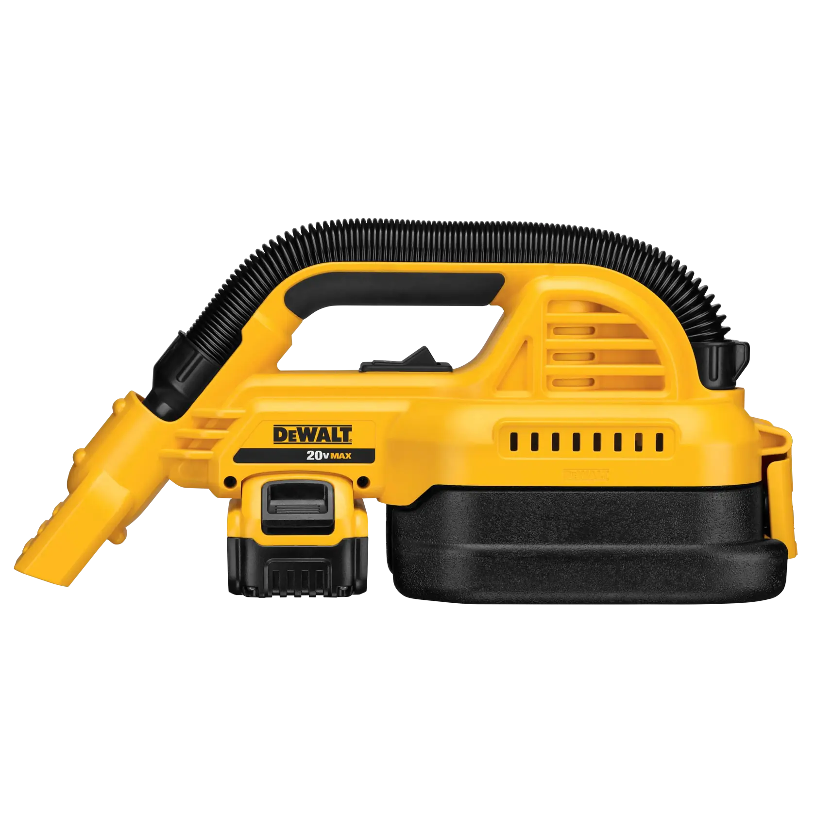 A yellow and black DEWALT portable handheld vacuum with a hose attachment and 20V MAX battery, shown against a white background.