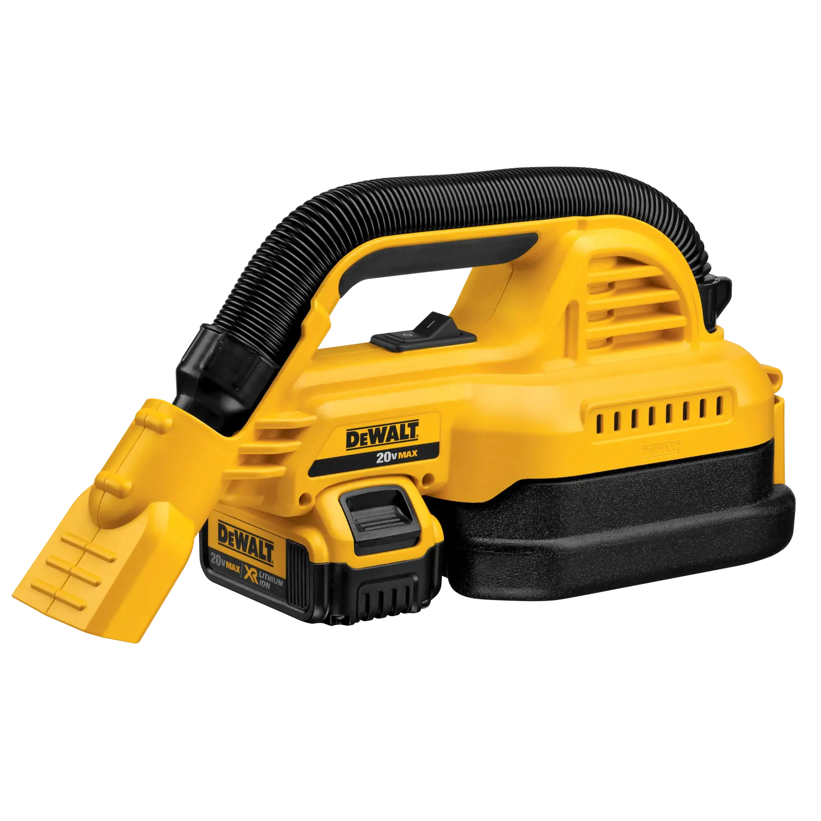 A DEWALT DCV517M1 portable handheld vacuum cleaner with a yellow and black design, featuring a flexible hose and nozzle, powered by a 20V MAX lithium-ion battery.