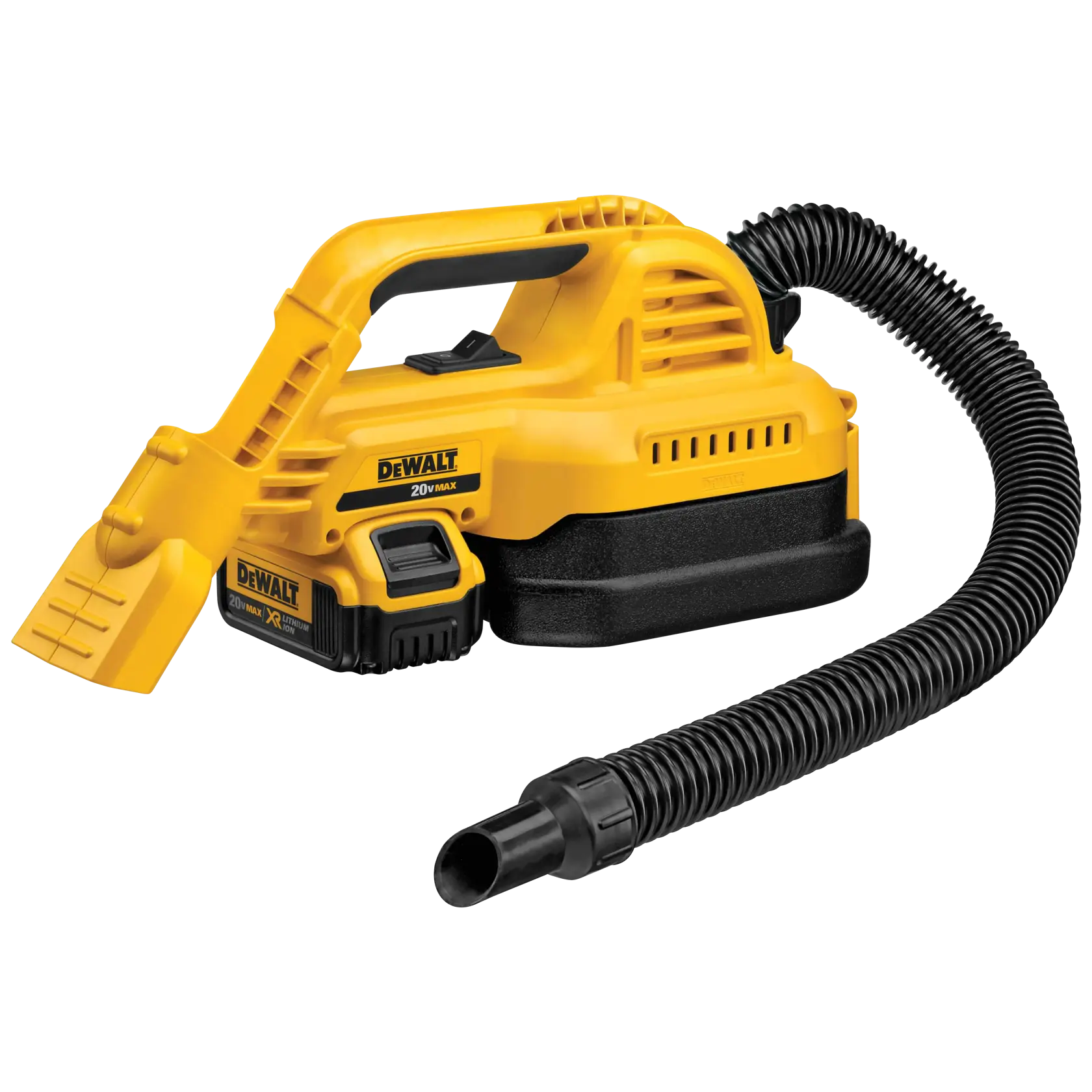 A yellow DEWALT handheld portable vacuum cleaner with a flexible black hose, shown against a white background.