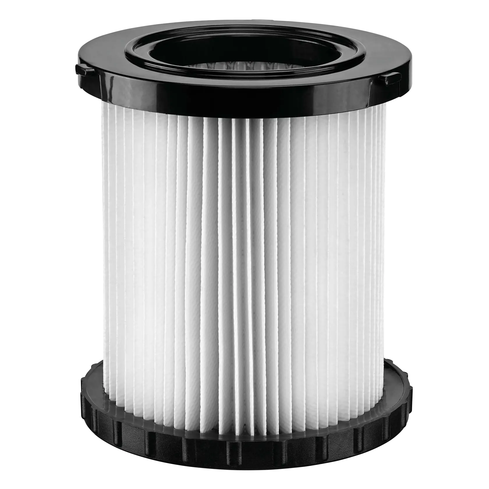A cylindrical pleated vacuum filter with black plastic ends, designed for use with DEWALT wet/dry vacuums.