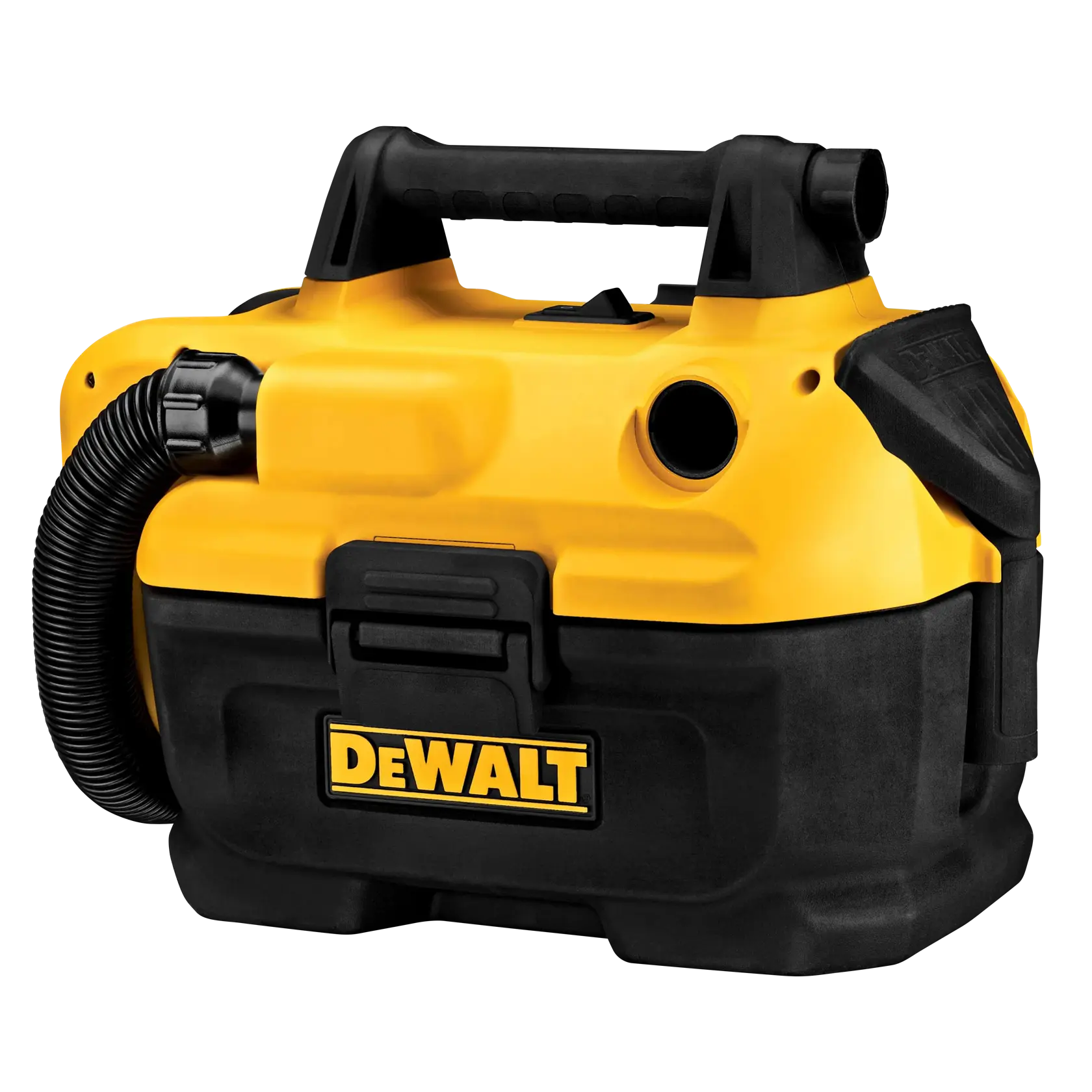 A DEWALT portable wet/dry vacuum cleaner with a yellow and black casing, a handle on top, and a flexible hose attachment.