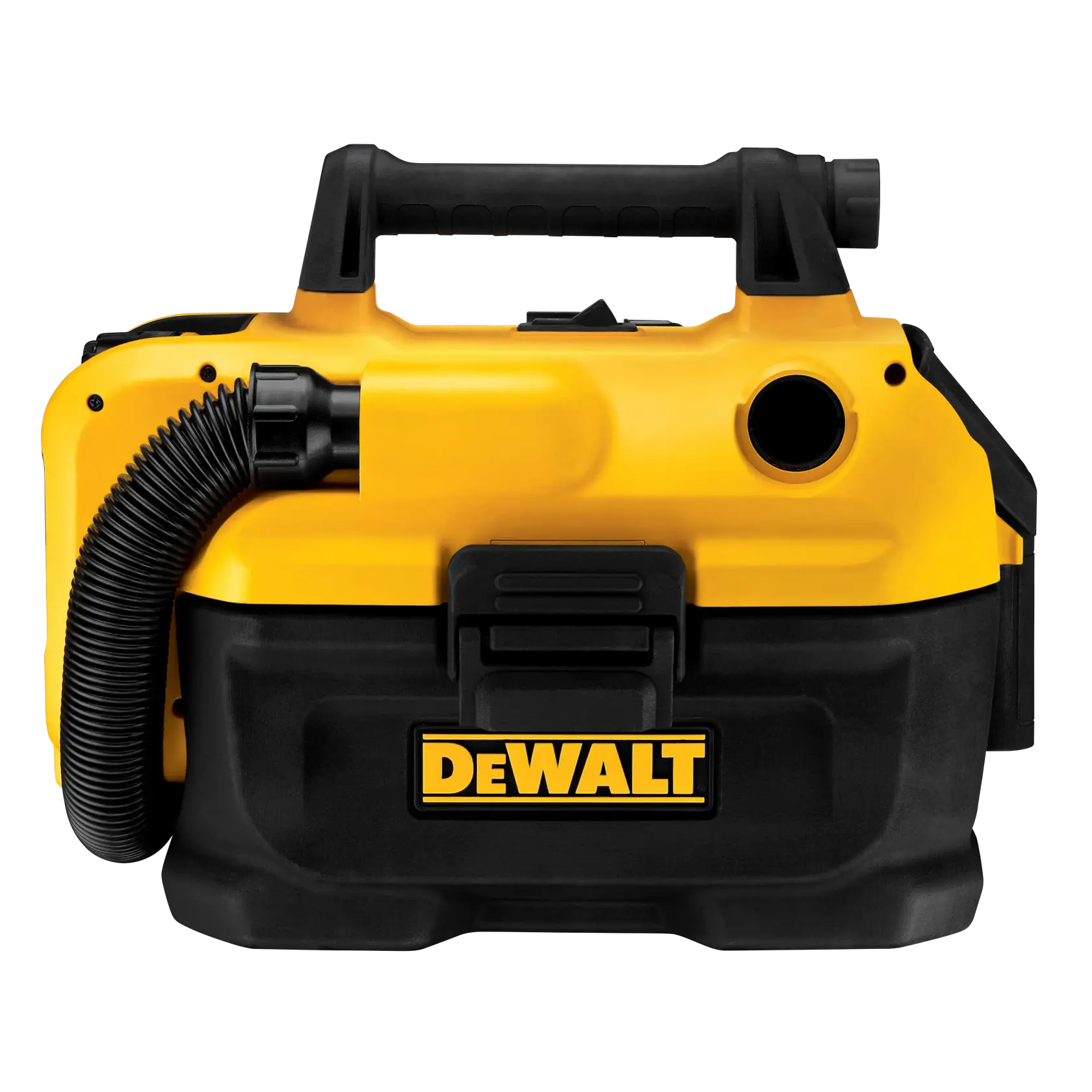 A yellow and black portable wet dry vacuum cleaner with a hose attachment, carrying handle, and the DEWALT logo on the front.