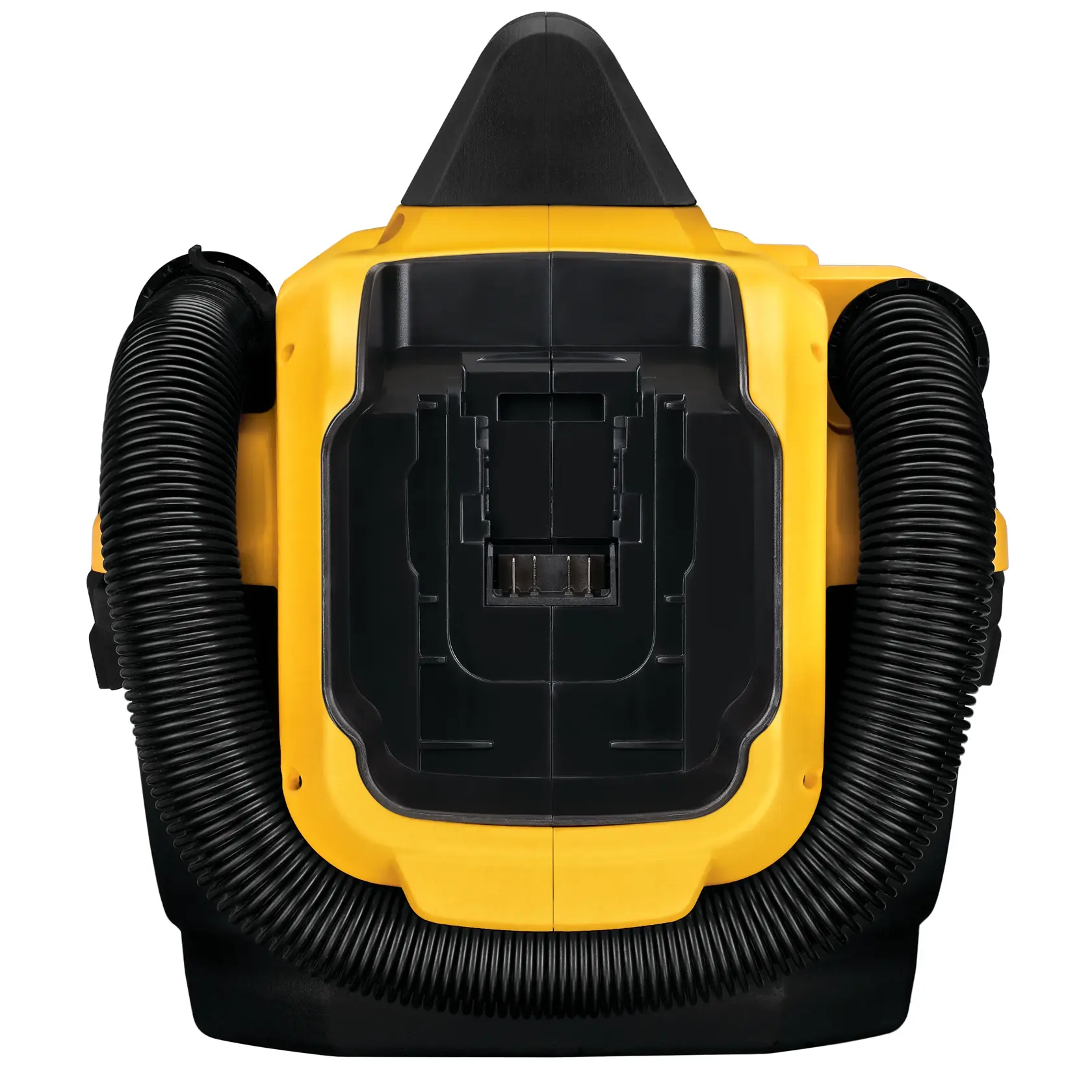 Front view of a DEWALT portable wet/dry vacuum cleaner, displaying its yellow and black exterior, hose attachment, and battery compartment.