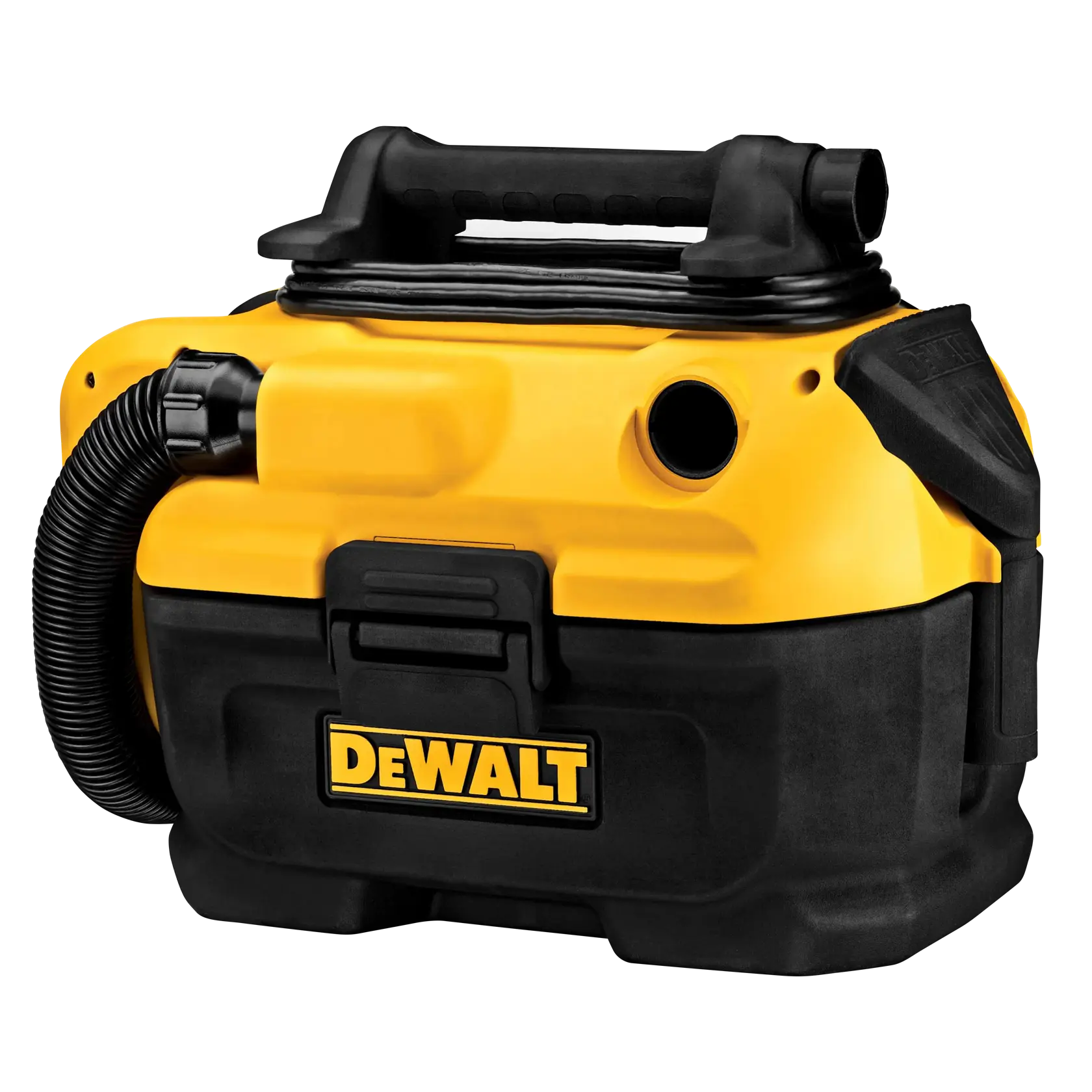 A portable, yellow and black DEWALT wet/dry vacuum cleaner with a handle on top and a hose attached to the side.