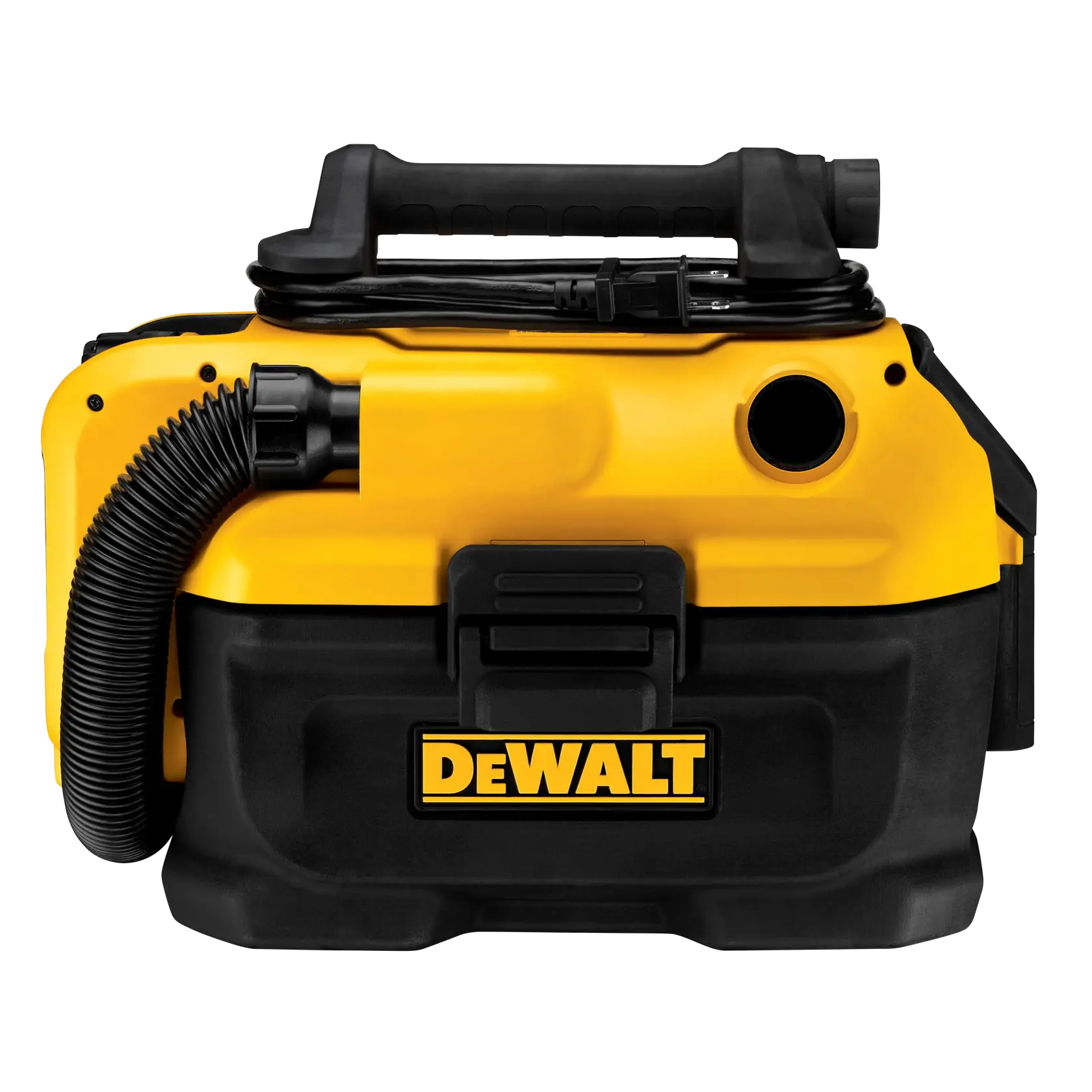 A DEWALT portable wet/dry vacuum cleaner with a yellow and black design, featuring a hose and an integrated handle on top.