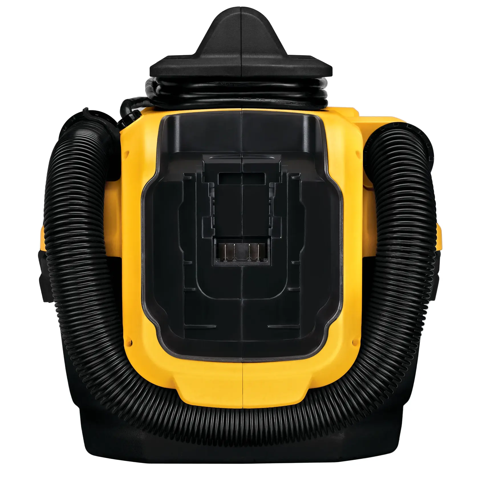 Front view of a DEWALT DCV581H portable wet/dry vacuum cleaner with a yellow and black body, a central compartment, and attached hoses.