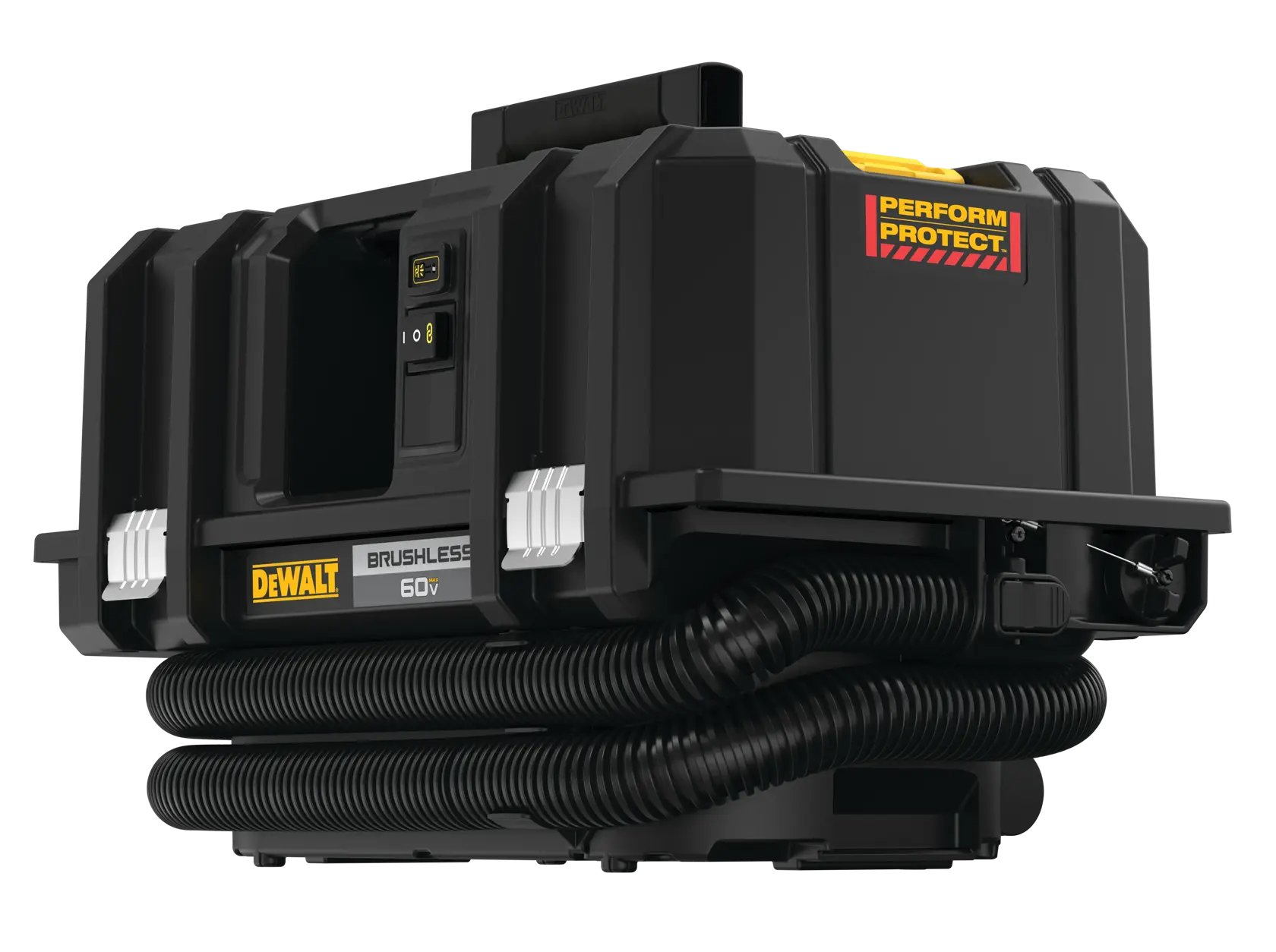 A DEWALT 60V brushless portable dust extractor with Perform Protect labeling. The unit is black, rectangular, and features tightly coiled hoses attached to the base. Front and side views showcase multiple compartments and sturdy construction.