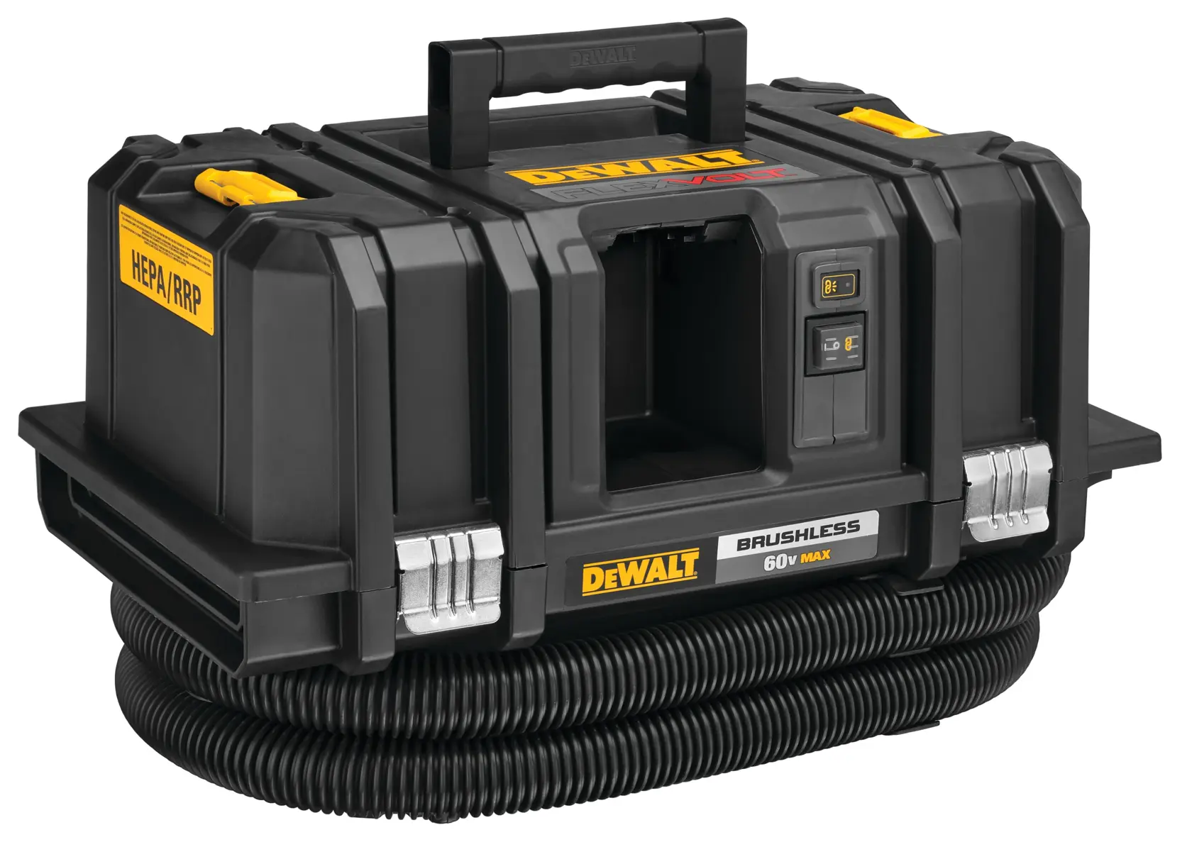 A DEWALT brushless portable vacuum cleaner with HEPA/RRP filter, shown wrapped with a flexible hose. The device features a sturdy handle for carrying and control buttons on the front, with yellow branding and labels on a black casing.