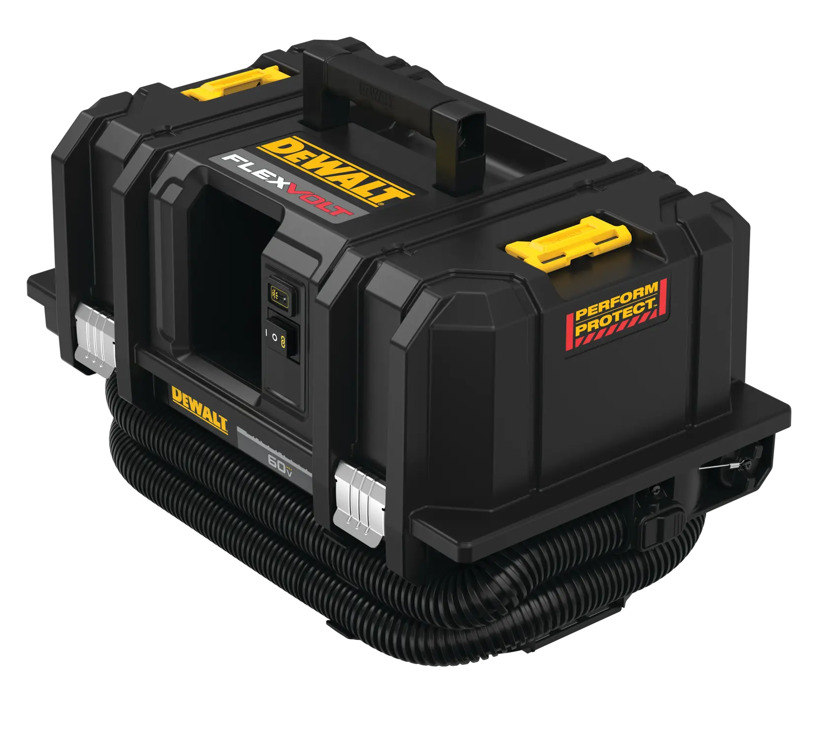 A black DEWALT DCV585B FLEXVOLT 60V cordless dust extractor vacuum with a sturdy handle, yellow latches, side hose storage, and 'Perform Protect' label. The product is designed for construction and workshop use.