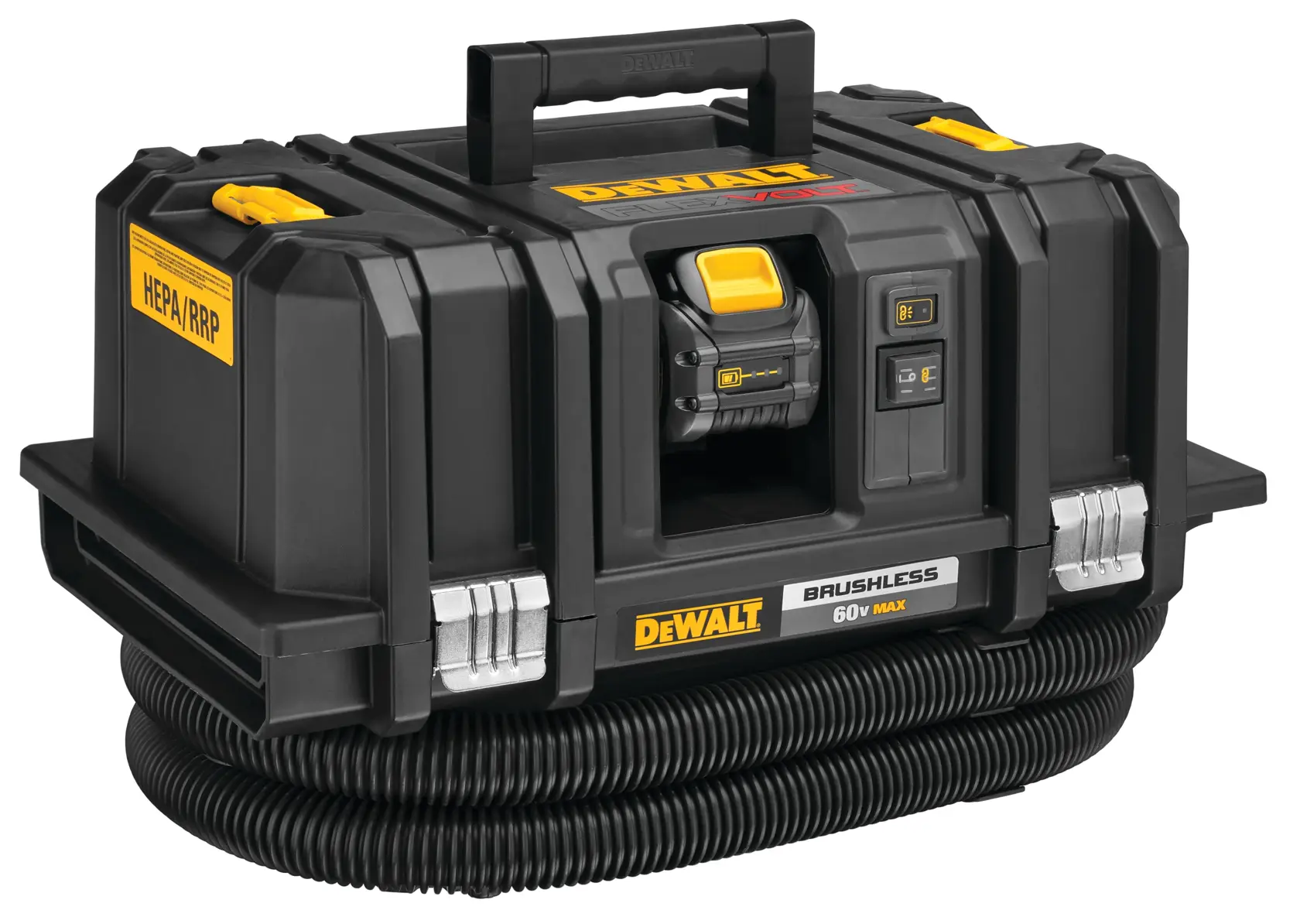 DEWALT brushless 60V MAX portable dust extractor with HEPA/RRP filter, featuring a black and yellow sturdy case, carrying handle, and coiled hose attached at the base.