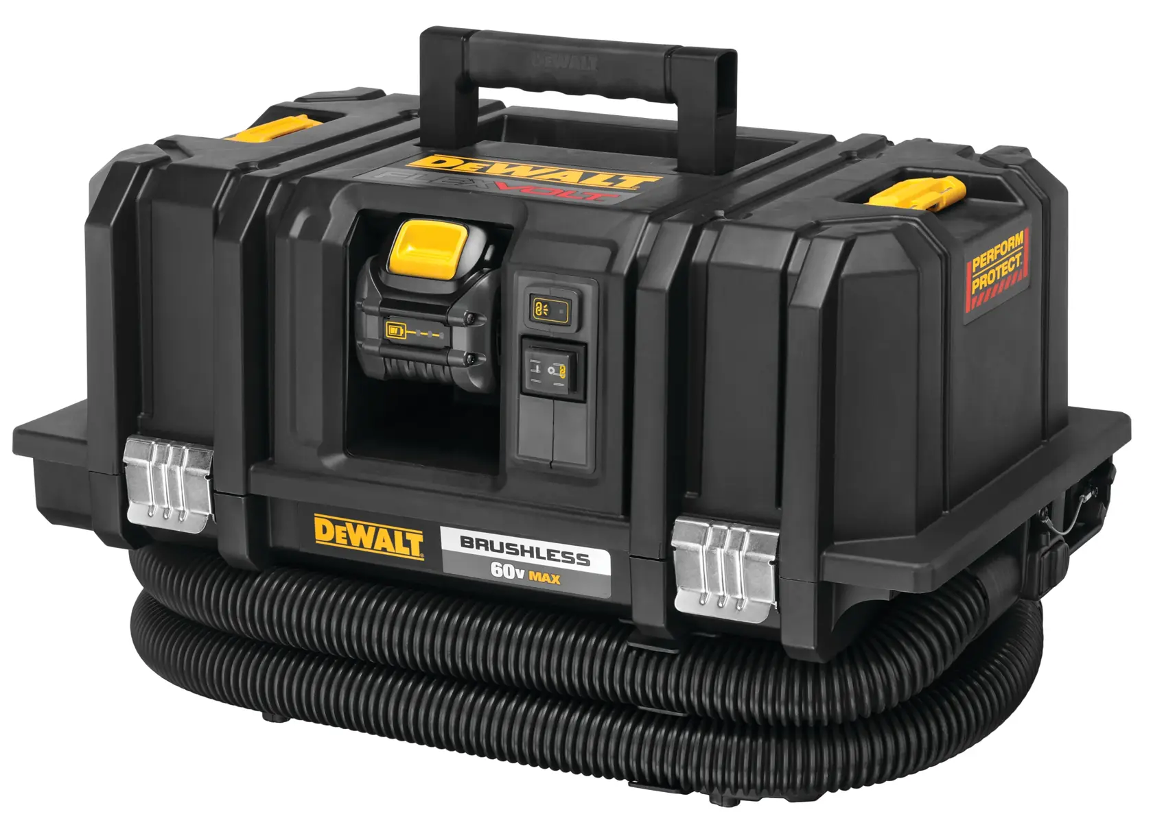 A DEWALT 60V Max brushless portable jobsite dust extractor with a sturdy black body, carrying handle, control buttons, and detachable hose coiled around the base.