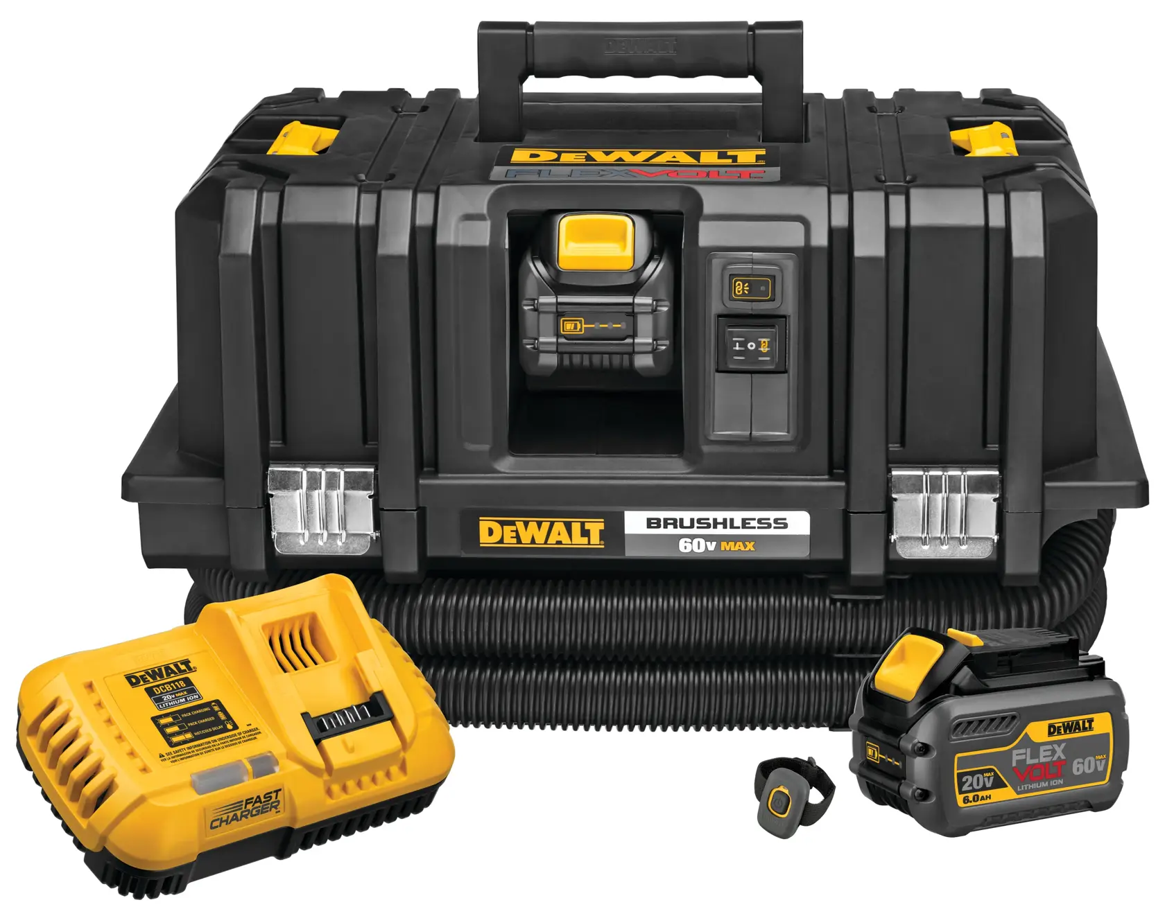 A DEWALT brushless 60V Max portable power tool kit, including a black and yellow tool case with handle, a FLEXVOLT lithium-ion battery, a fast charger, and an accessory, all displayed together.