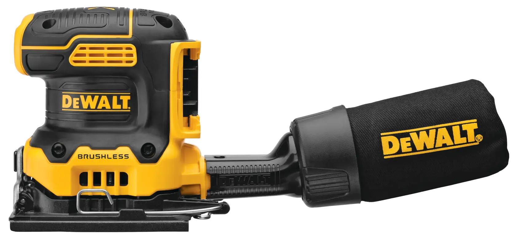 A yellow and black cordless brushless sander from DEWALT with a dust collection bag attached, shown against a white background.