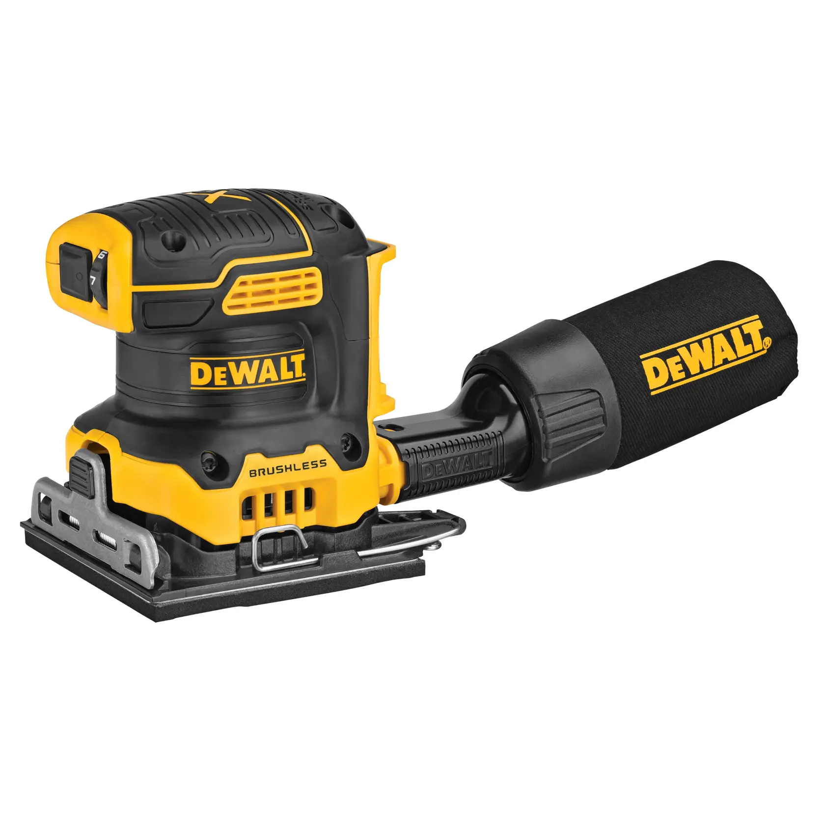A DEWALT cordless brushless electric sander with a dust collection bag attached, featuring yellow and black colors.