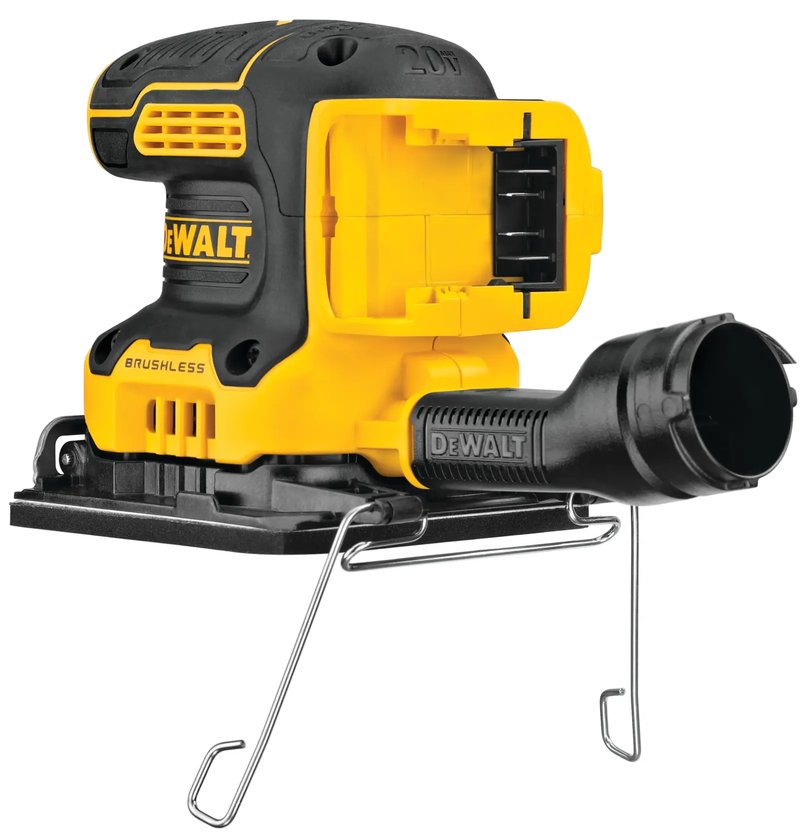 A DEWALT DCW200B 20V brushless cordless sander with a yellow and black body, a dust collection attachment, and metal base, shown on a white background.