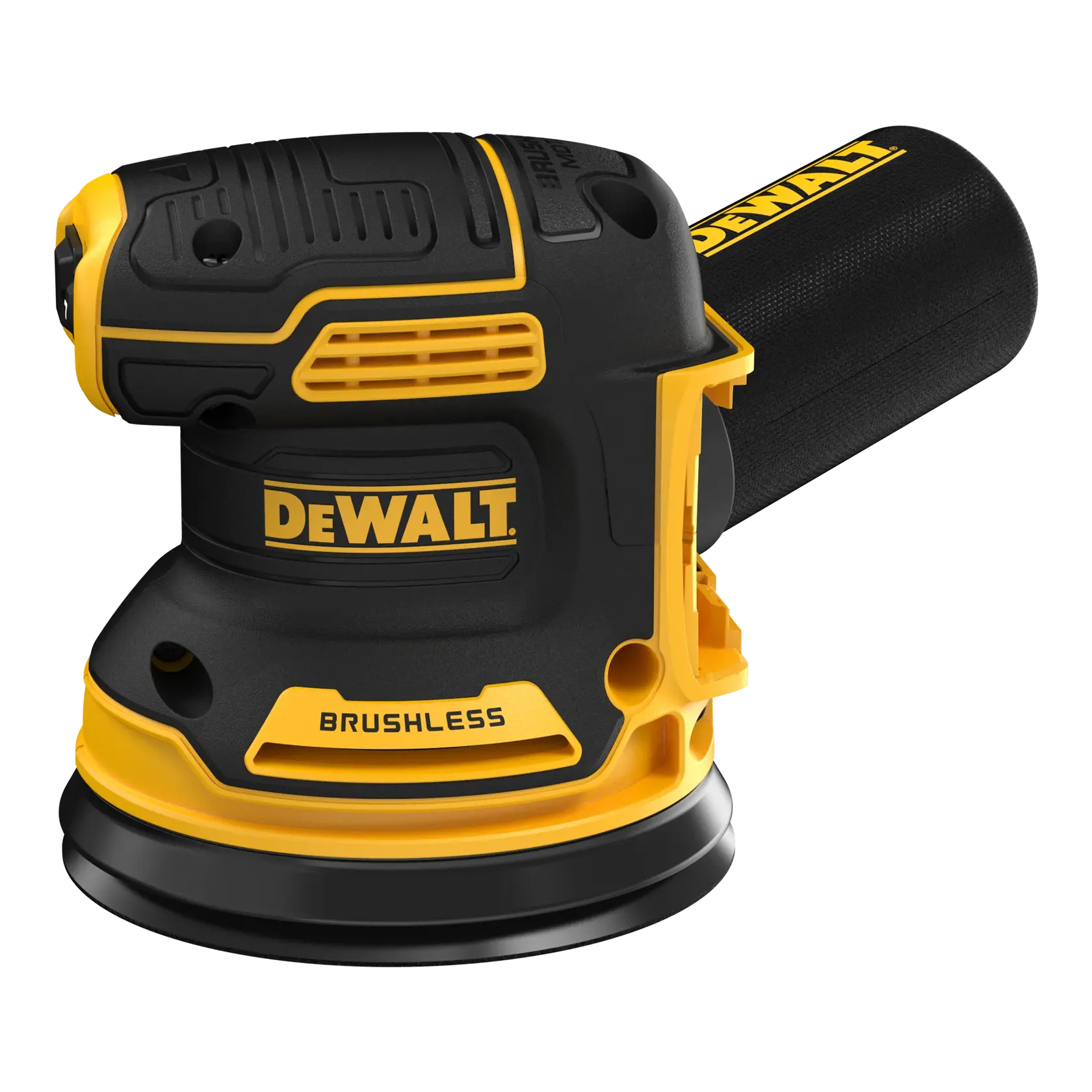 A Dewalt brushless cordless random orbital sander in black and yellow colors with a dust bag attached.