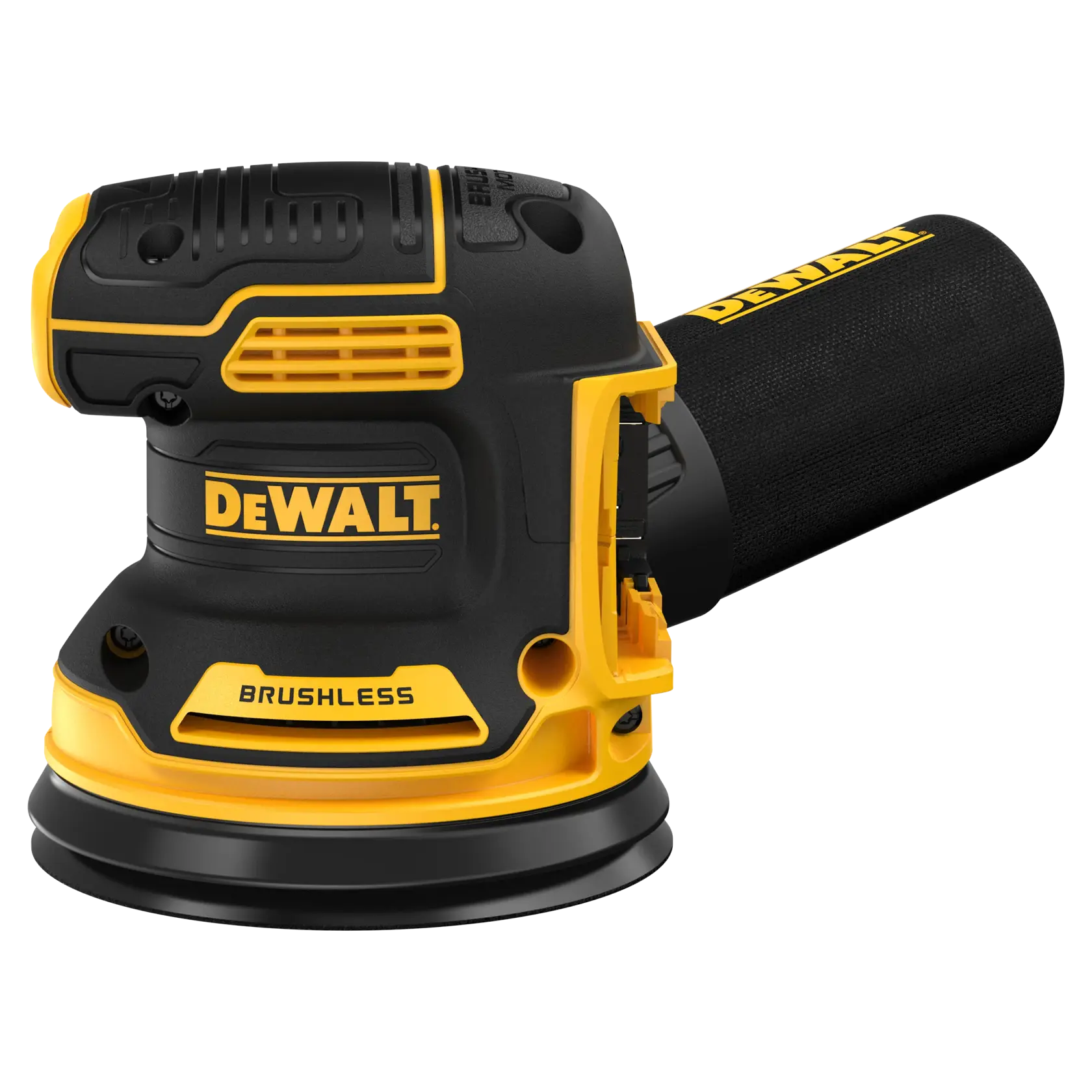 A DEWALT DCW210B brushless cordless orbital sander with a black and yellow body, dust collection bag, and branded markings.